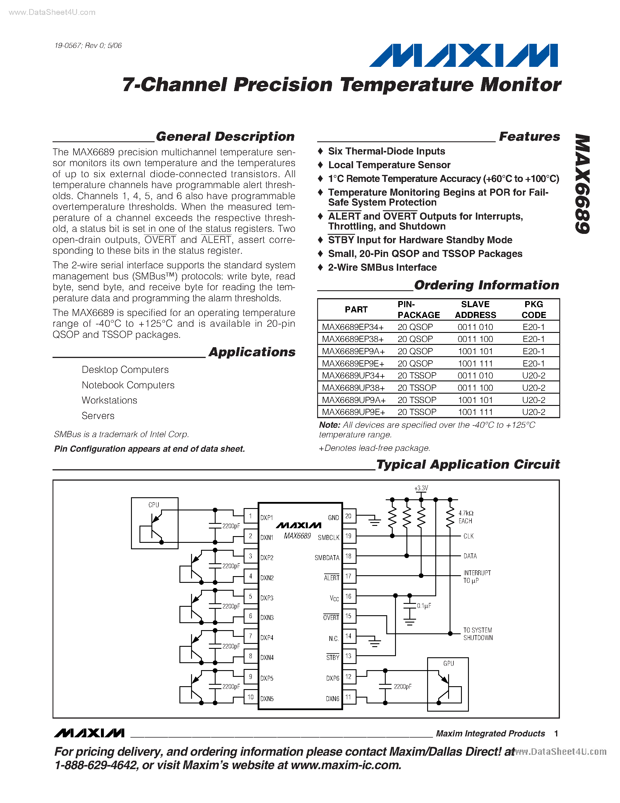 Даташит MAX6689 - 7-Channel Precision Temperature Monitor страница 1