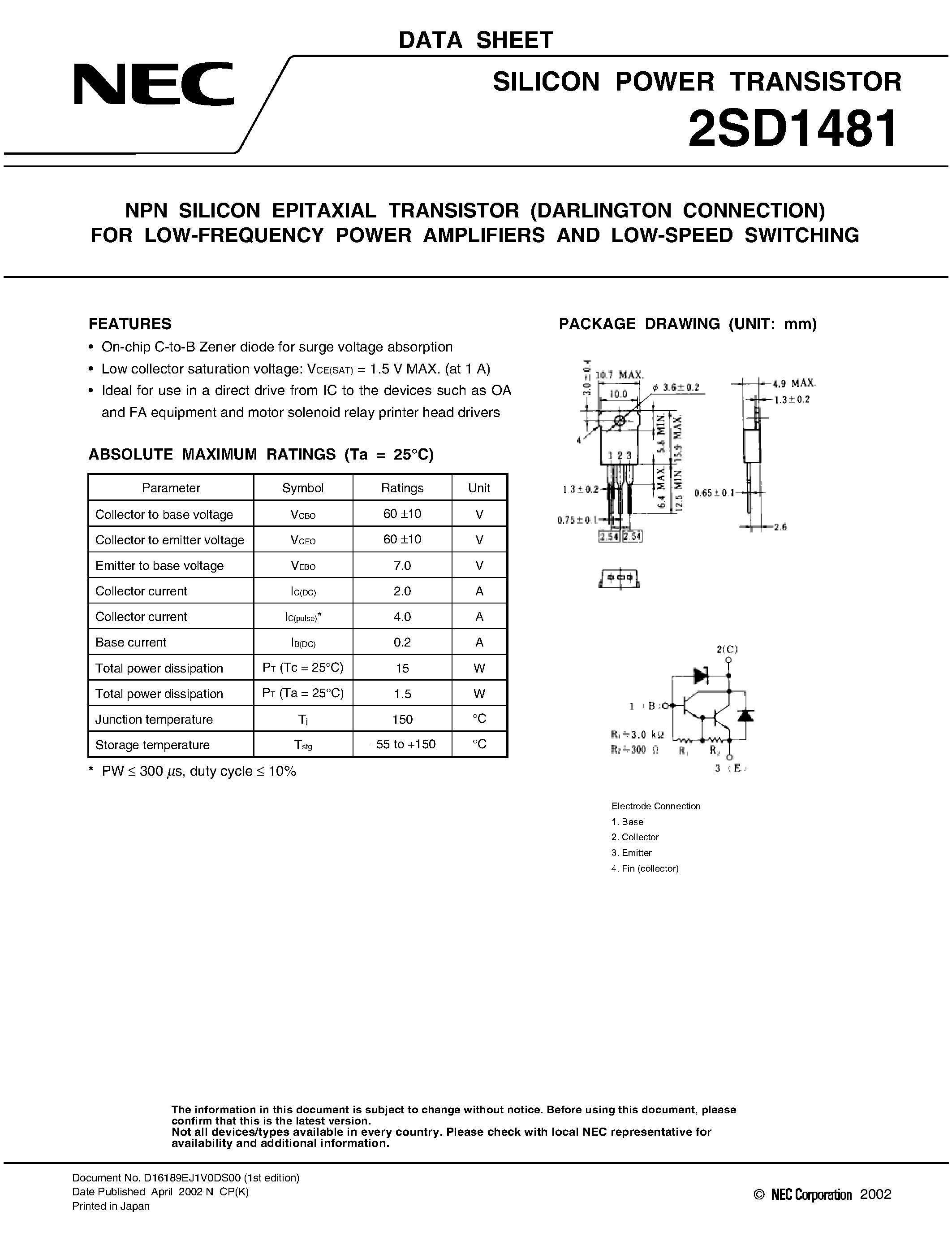 Datasheet 2SD1481 - SILICON POWER TRANSISTOR page 1