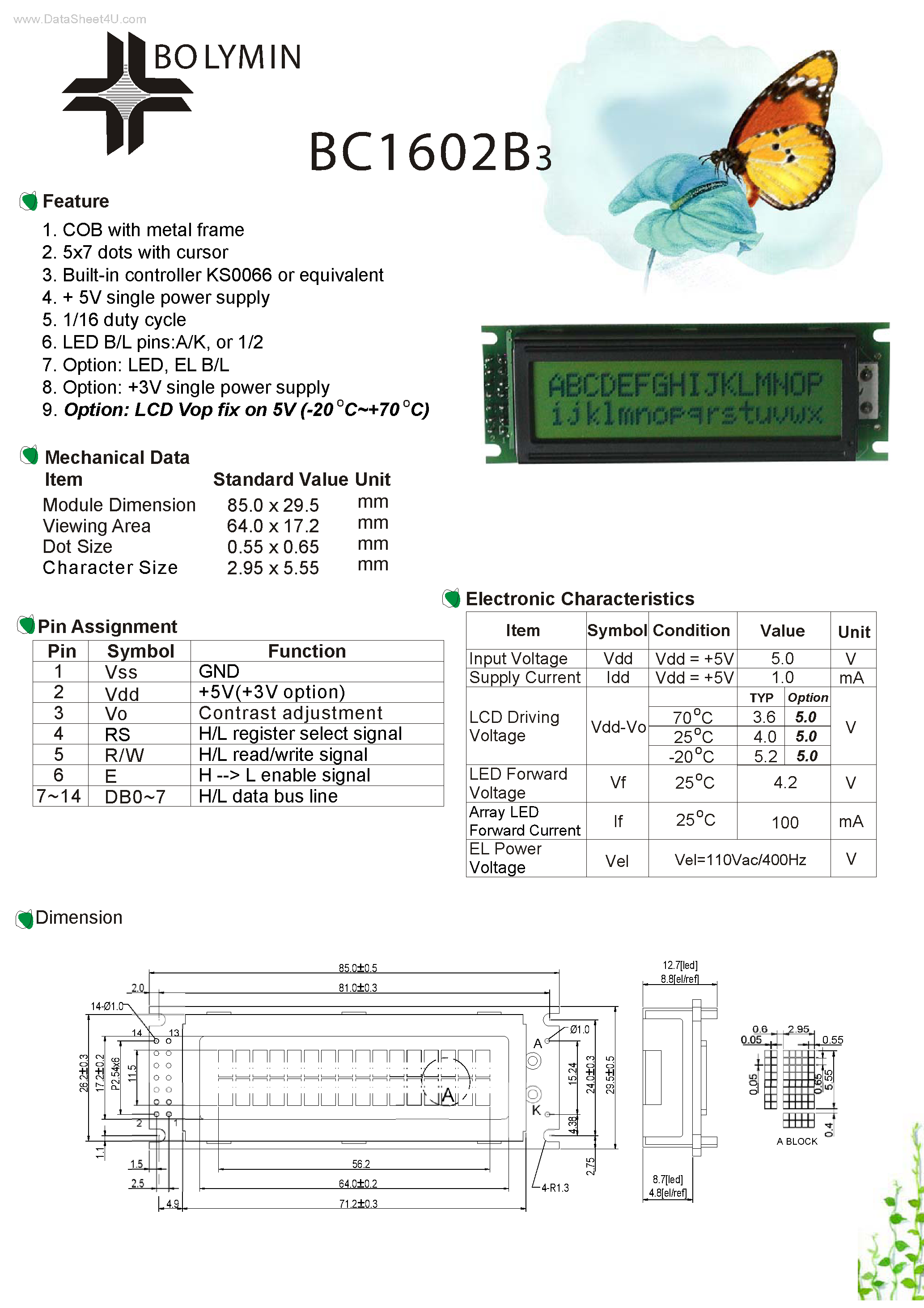 Datasheet BC1602B3 - Display 5x7 dots page 1