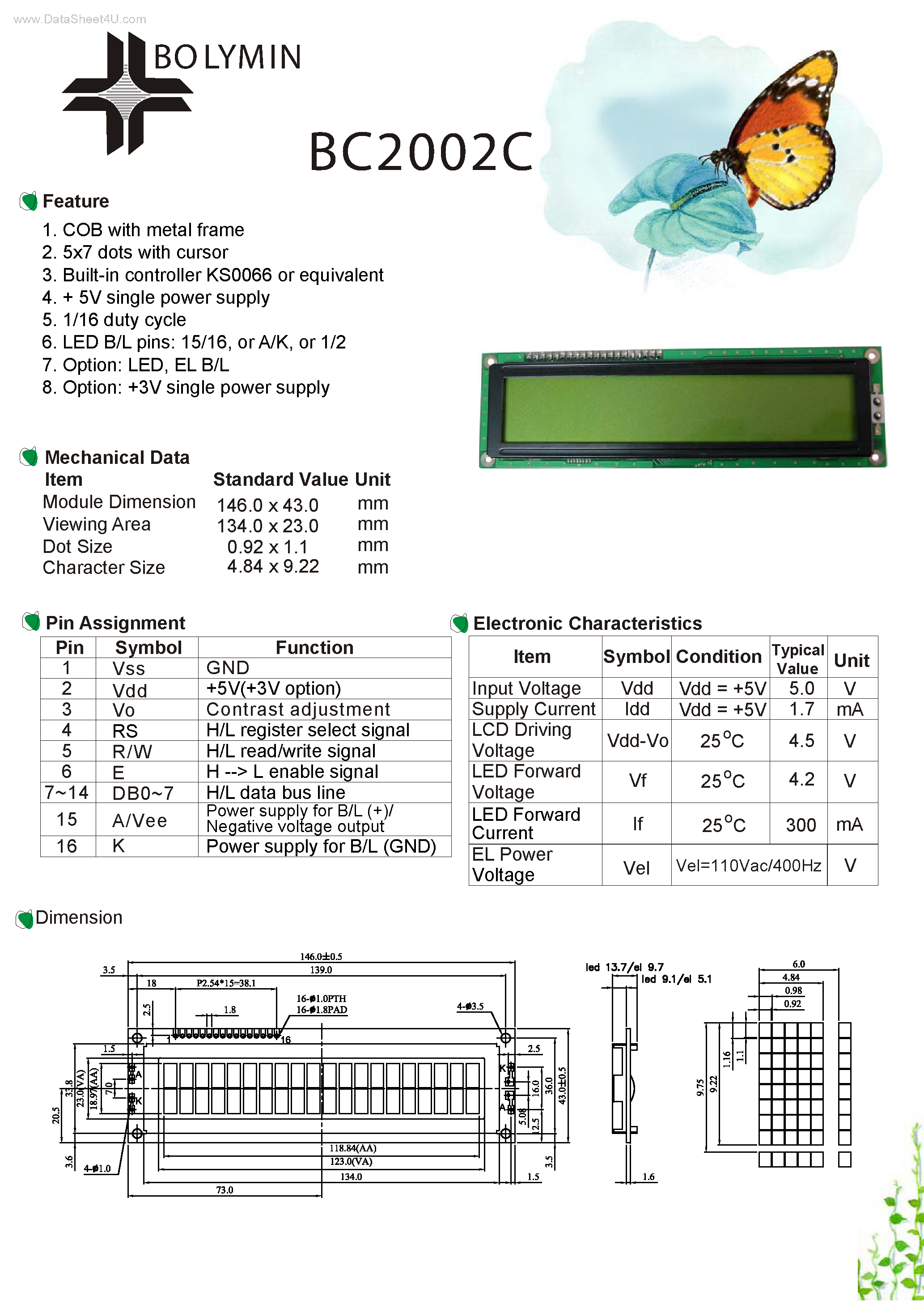 Даташит на микросхему BC2002C страница 1 Даташит BC2002C - Display 5x7 dots страница 1