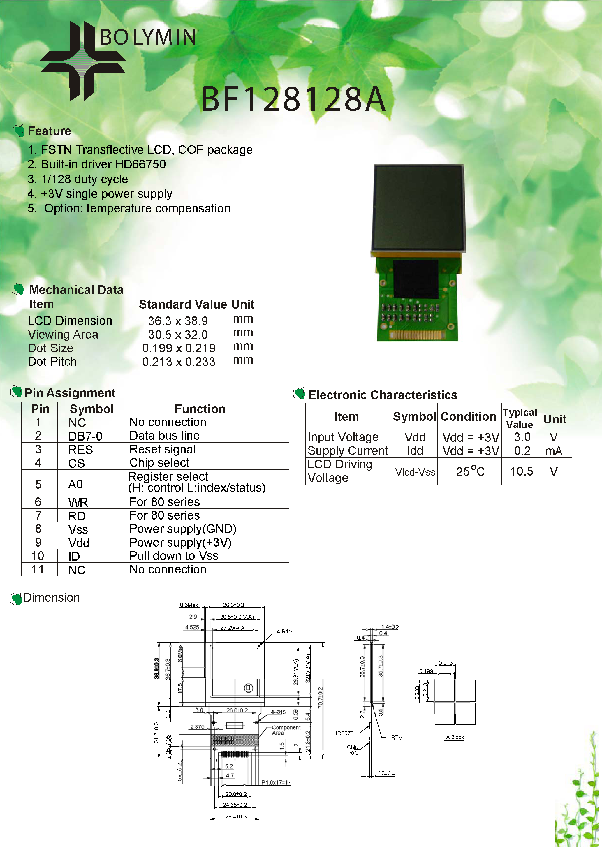 Даташит BF128128A - FSTN Transflective LCD страница 1