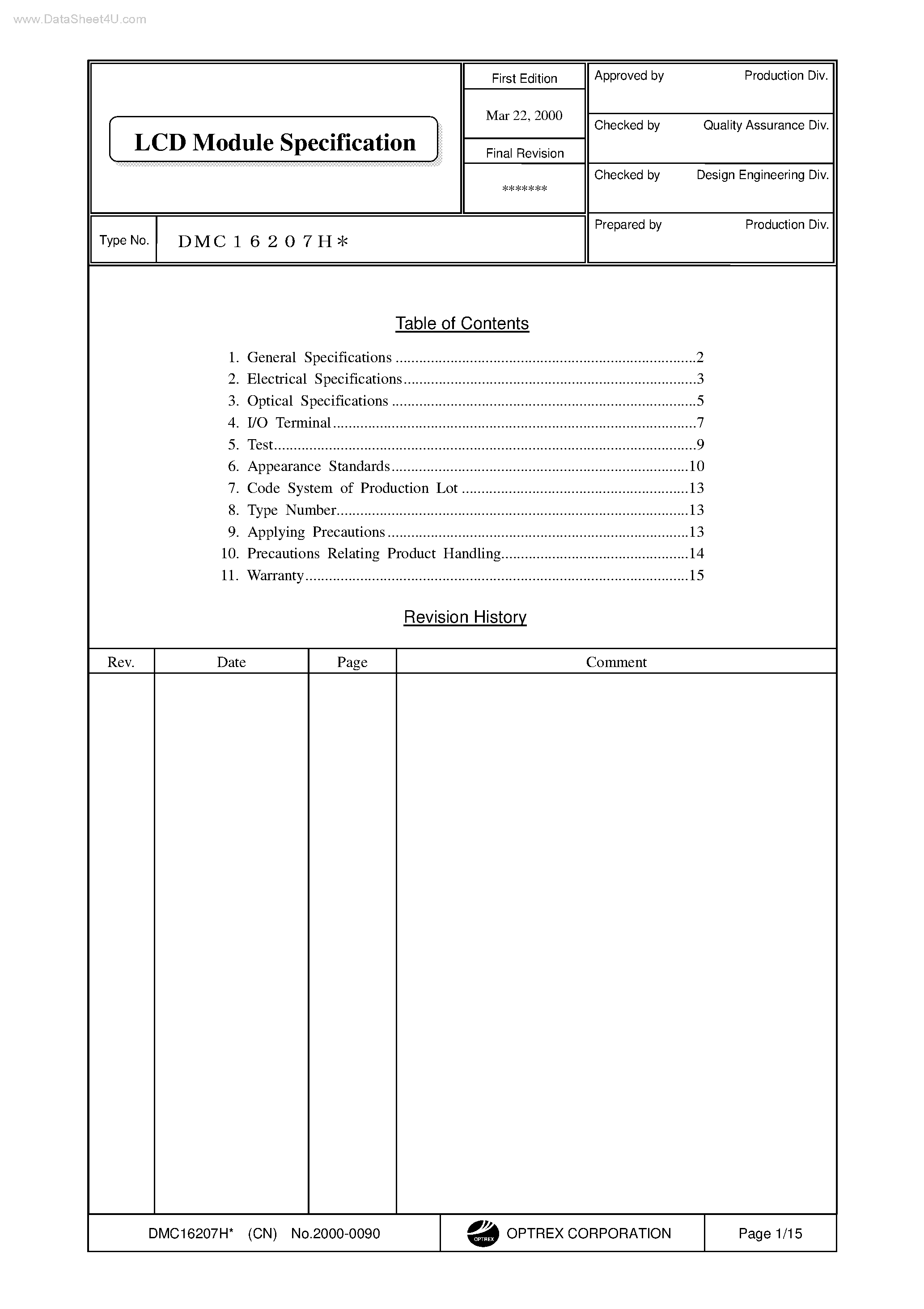 Datasheet DM16207H - LCD Module Specification page 1
