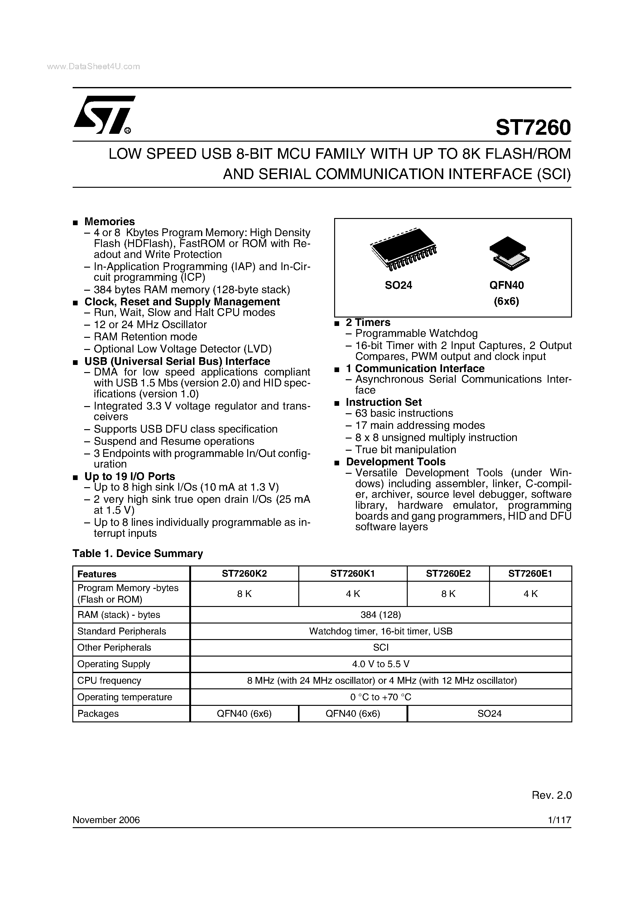 Datasheet ST7260 page 1 Datasheet ST7260 - LOW SPEED USB 8-BIT MCU FAMILY page 1