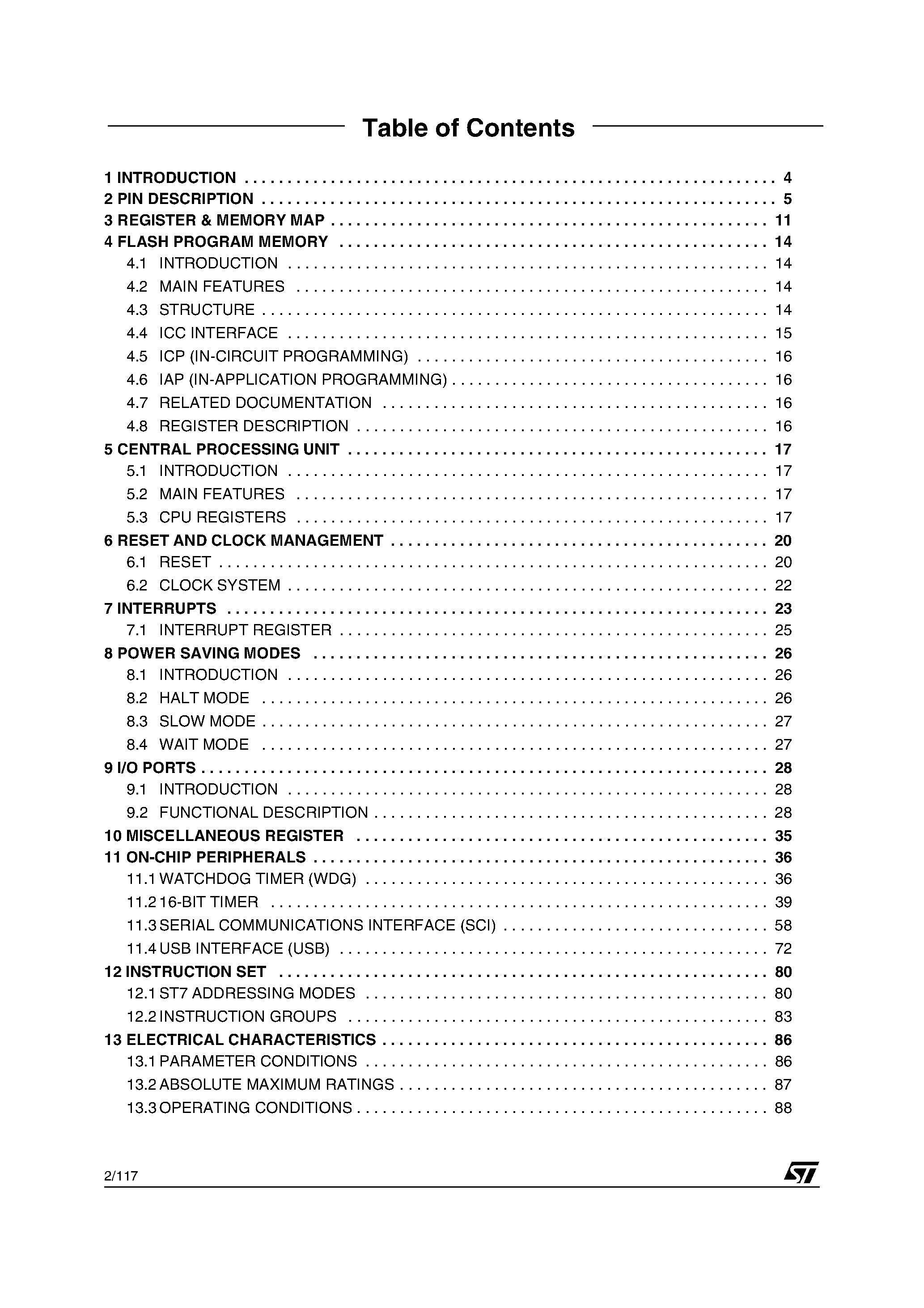 Datasheet ST7260 page 2 Datasheet ST7260 - LOW SPEED USB 8-BIT MCU FAMILY page 2