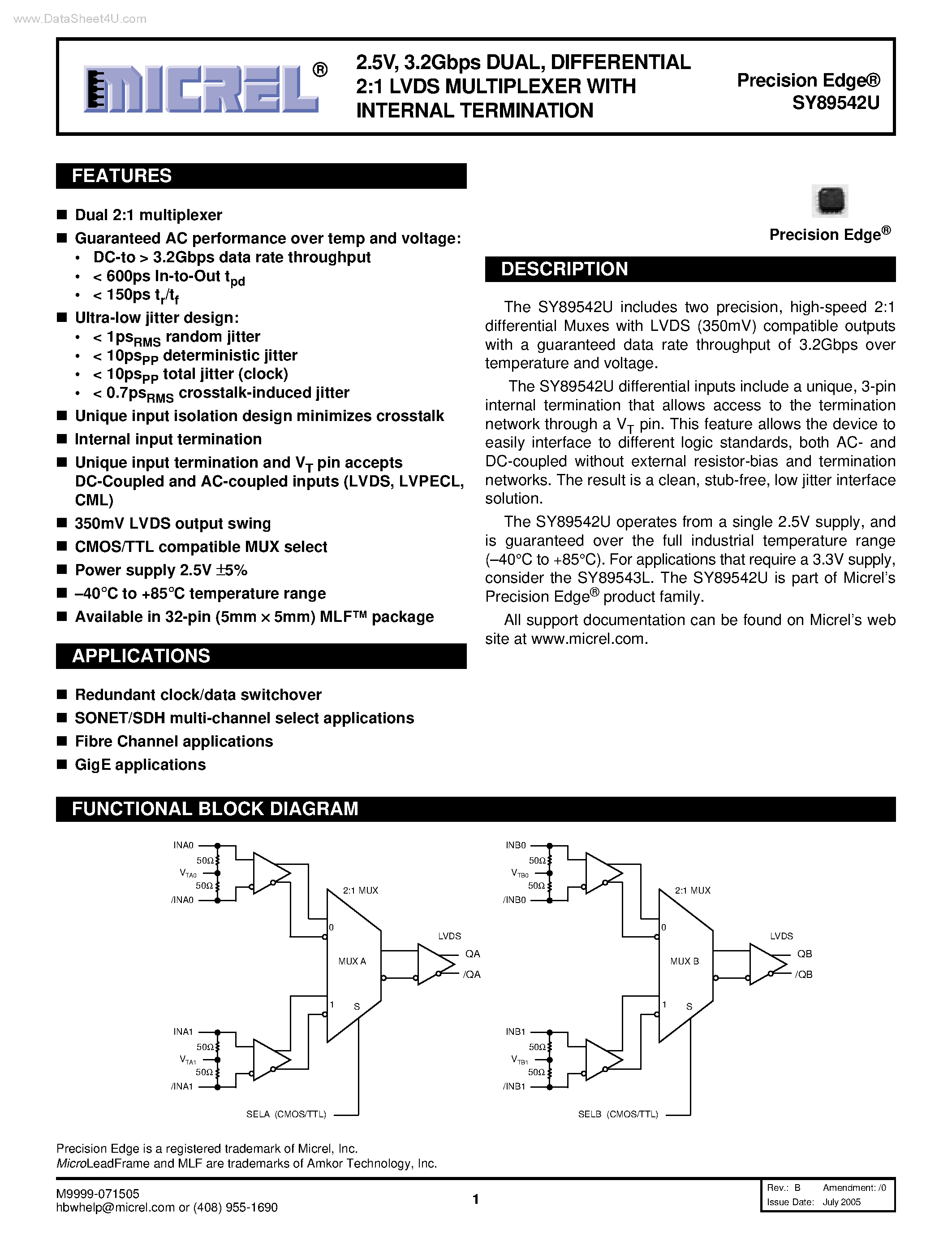 Datasheet SY89542U - DIFFERENTIAL 2:1 LVDS MULTIPLEXER page 1