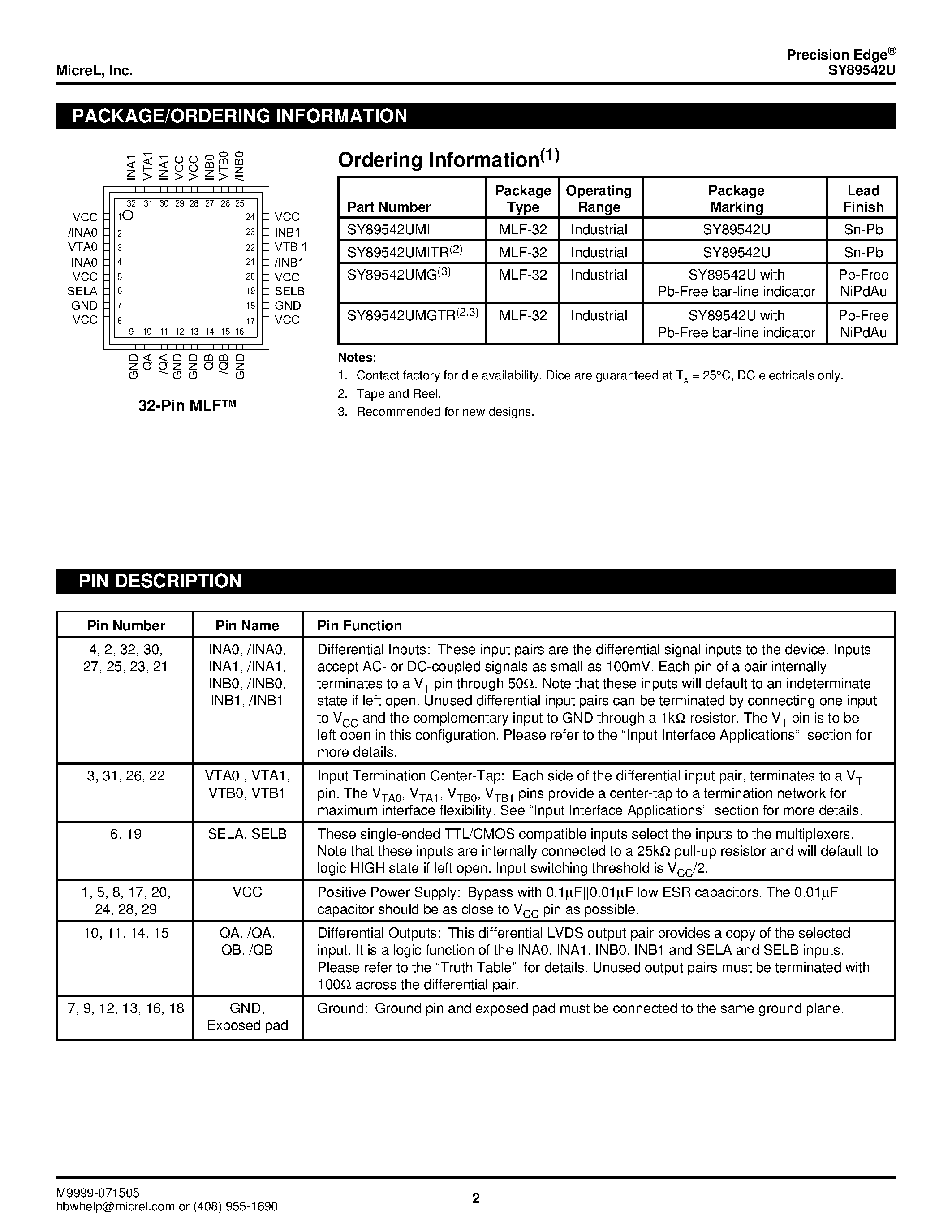 Datasheet SY89542U - DIFFERENTIAL 2:1 LVDS MULTIPLEXER page 2