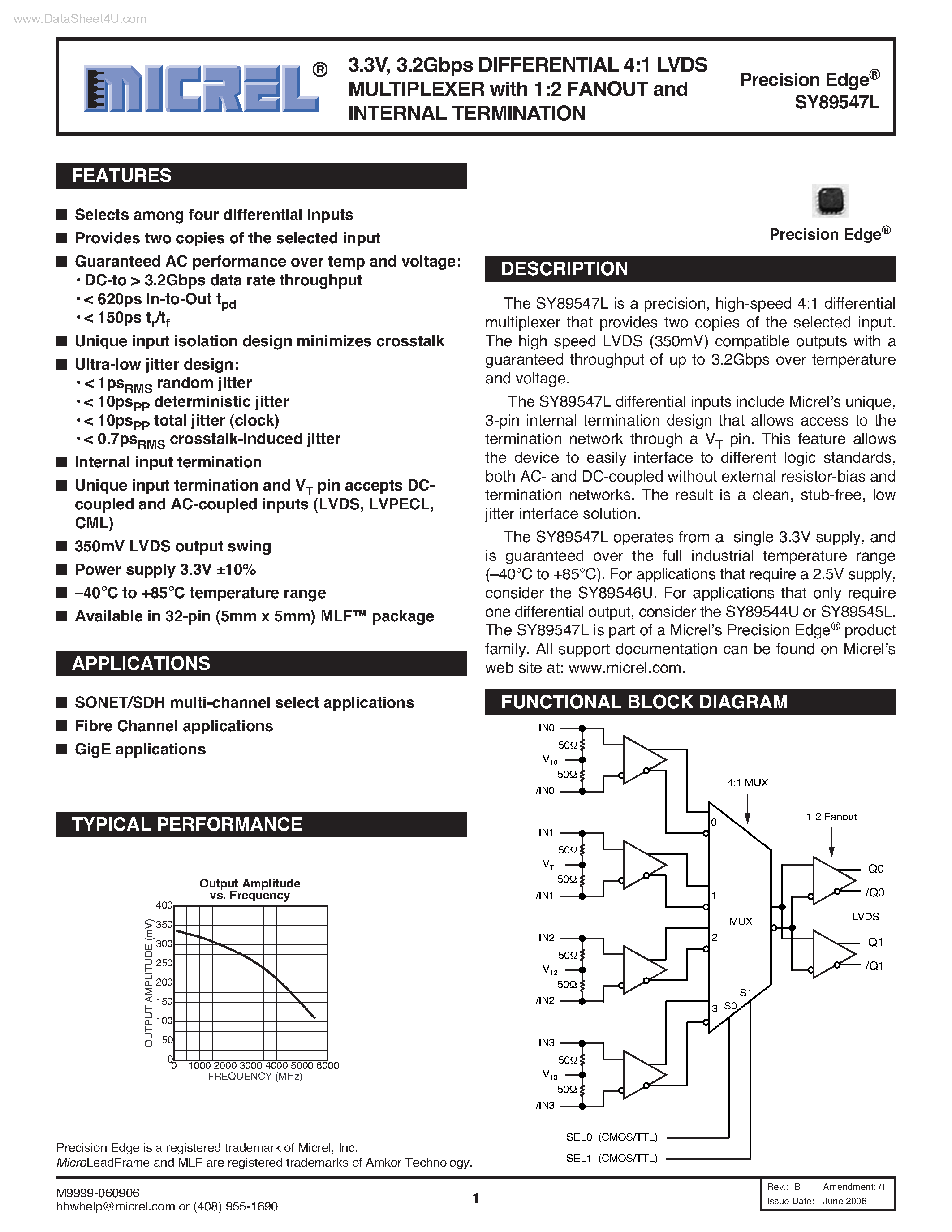 Datasheet SY89547L - DIFFERENTIAL 4:1 LVDS MULTIPLEXER page 1