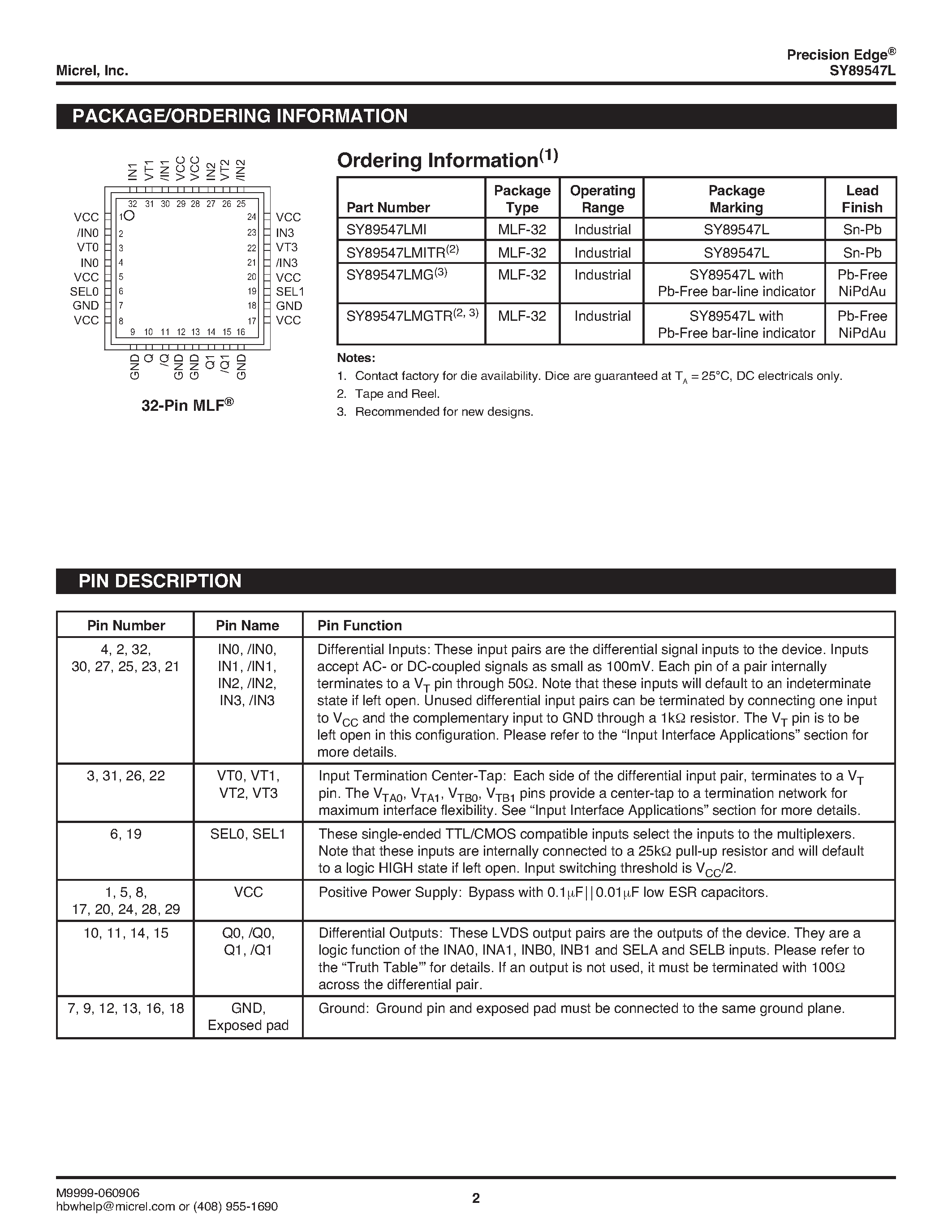 Datasheet SY89547L - DIFFERENTIAL 4:1 LVDS MULTIPLEXER page 2