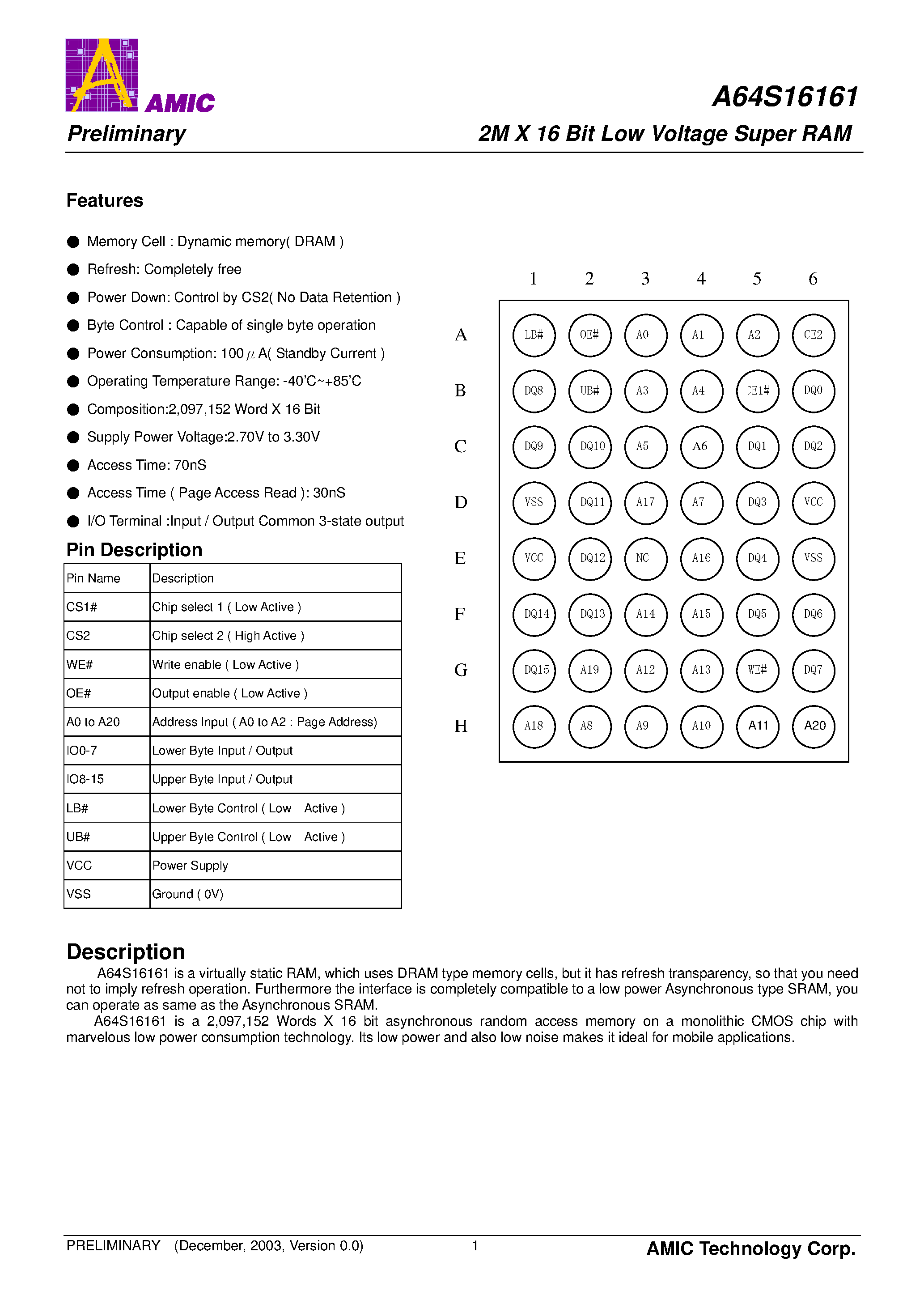 Datasheet A64S16161 - 2M X 16 Bit Low Voltage Super RAM page 1