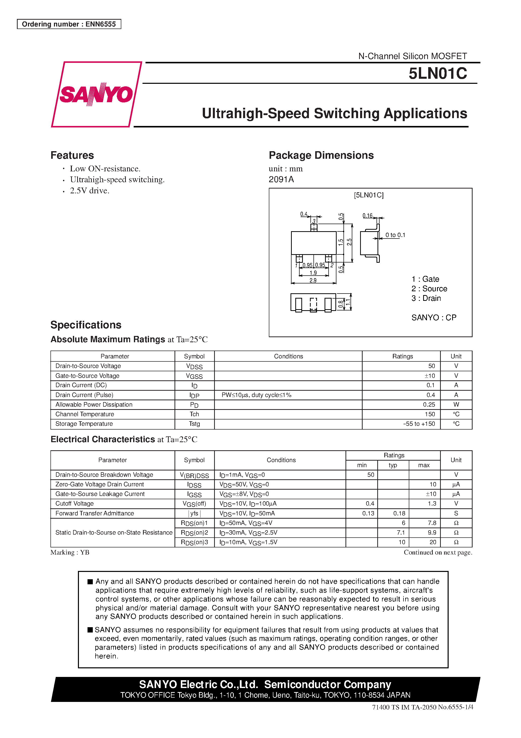 Даташит на микросхему 5LN01C страница 1 Даташит 5LN01C - Ultrahigh-Speed Switching Applications страница 1