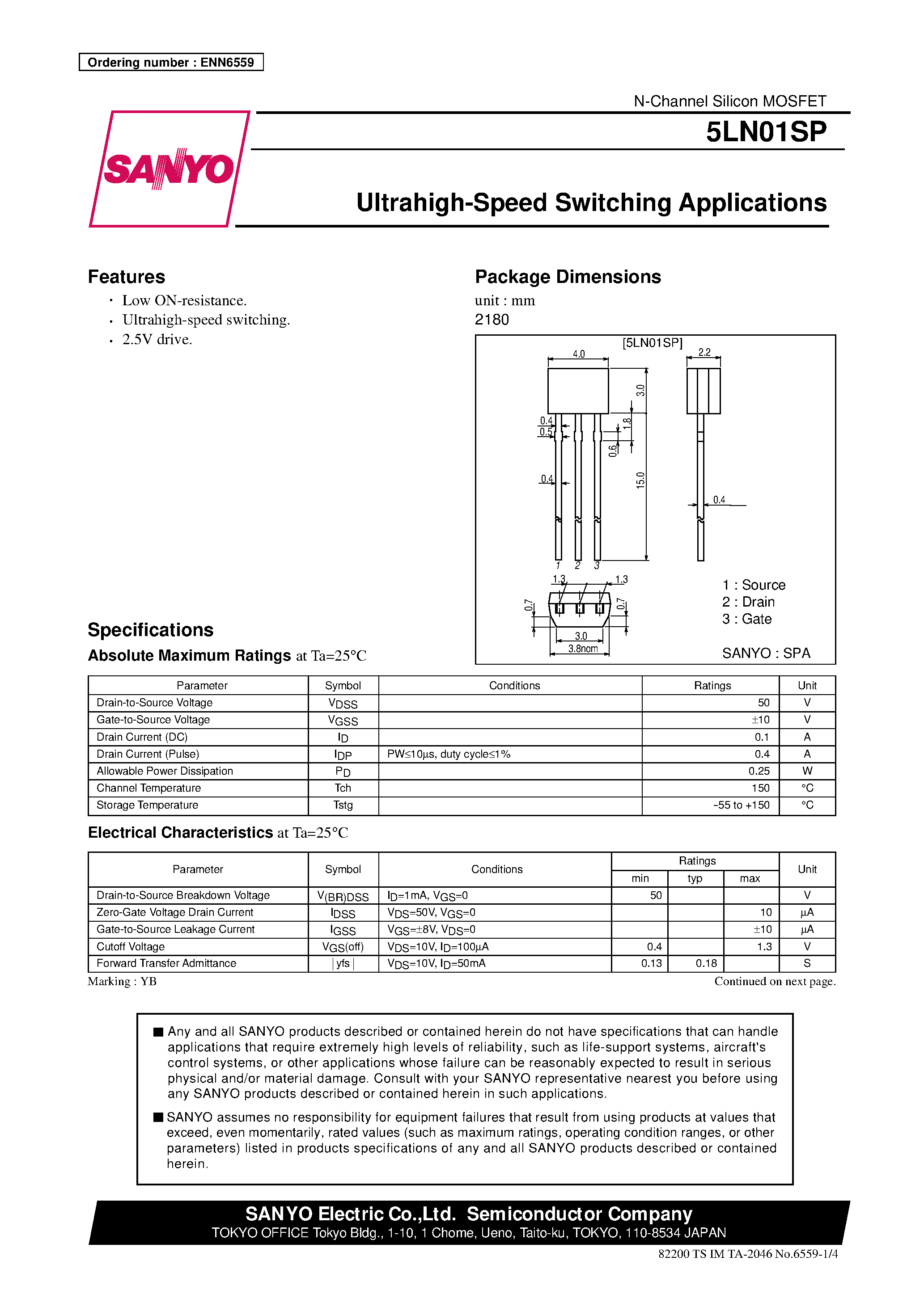 Даташит на микросхему 5LN01SP страница 1 Даташит 5LN01SP - Ultrahigh-Speed Switching Applications страница 1