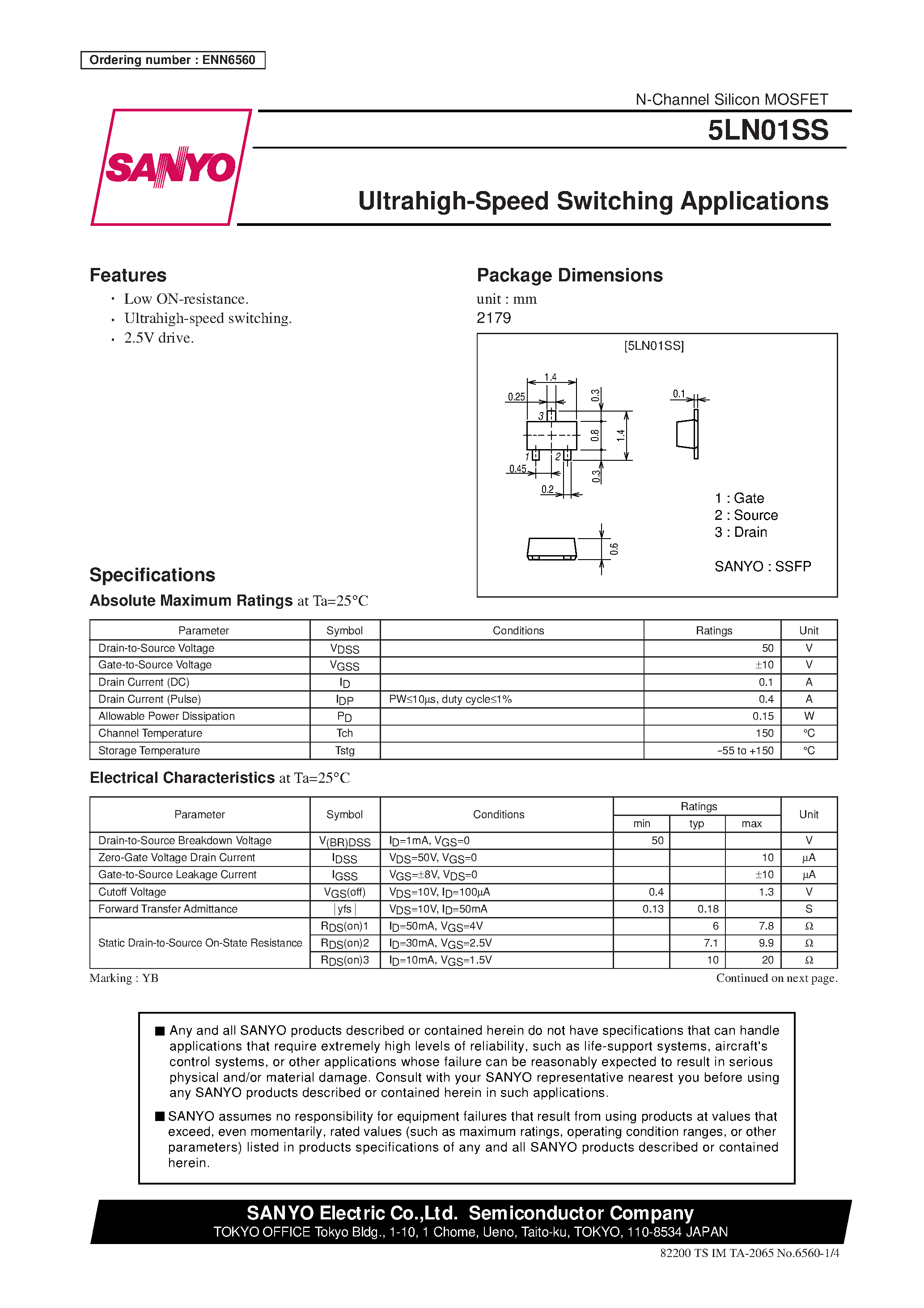 Даташит на микросхему 5LN01SS страница 1 Даташит 5LN01SS - Ultrahigh-Speed Switching Applications страница 1
