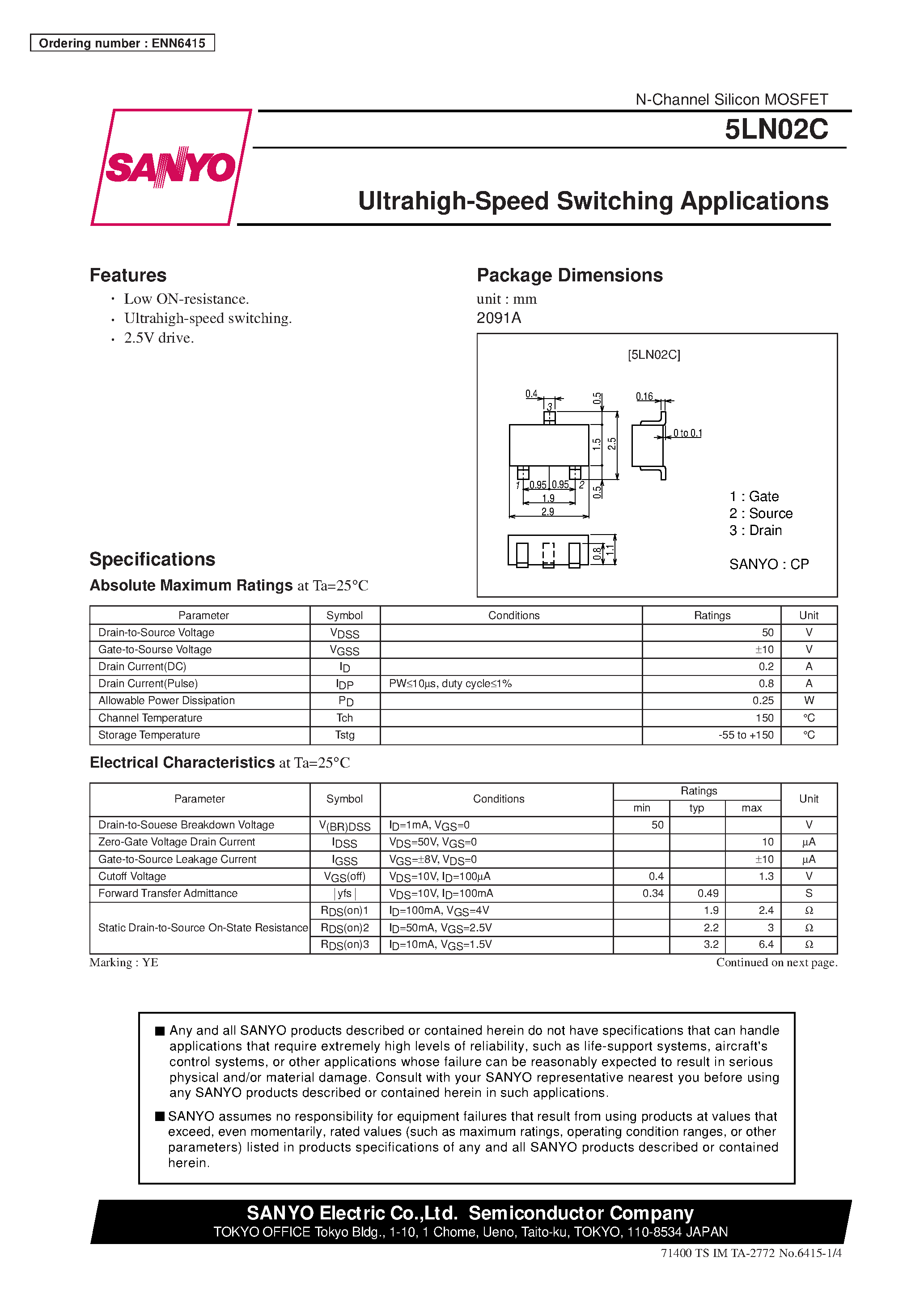 Даташит на микросхему 5LN02C страница 1 Даташит 5LN02C - Ultrahigh-Speed Switching Applications страница 1