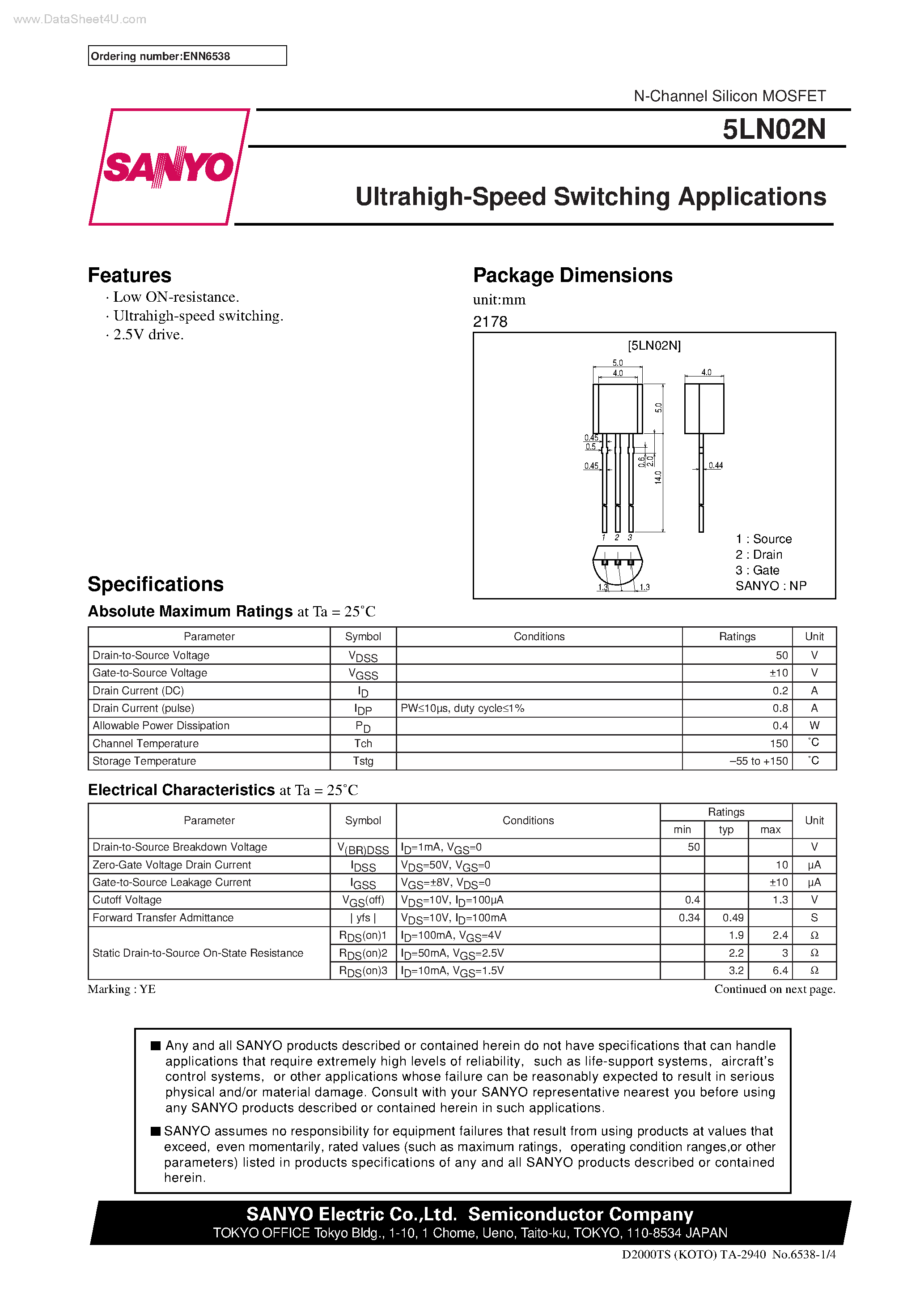 Даташит на микросхему 5LN02N страница 1 Даташит 5LN02N - Ultrahigh-Speed Switching Applications страница 1