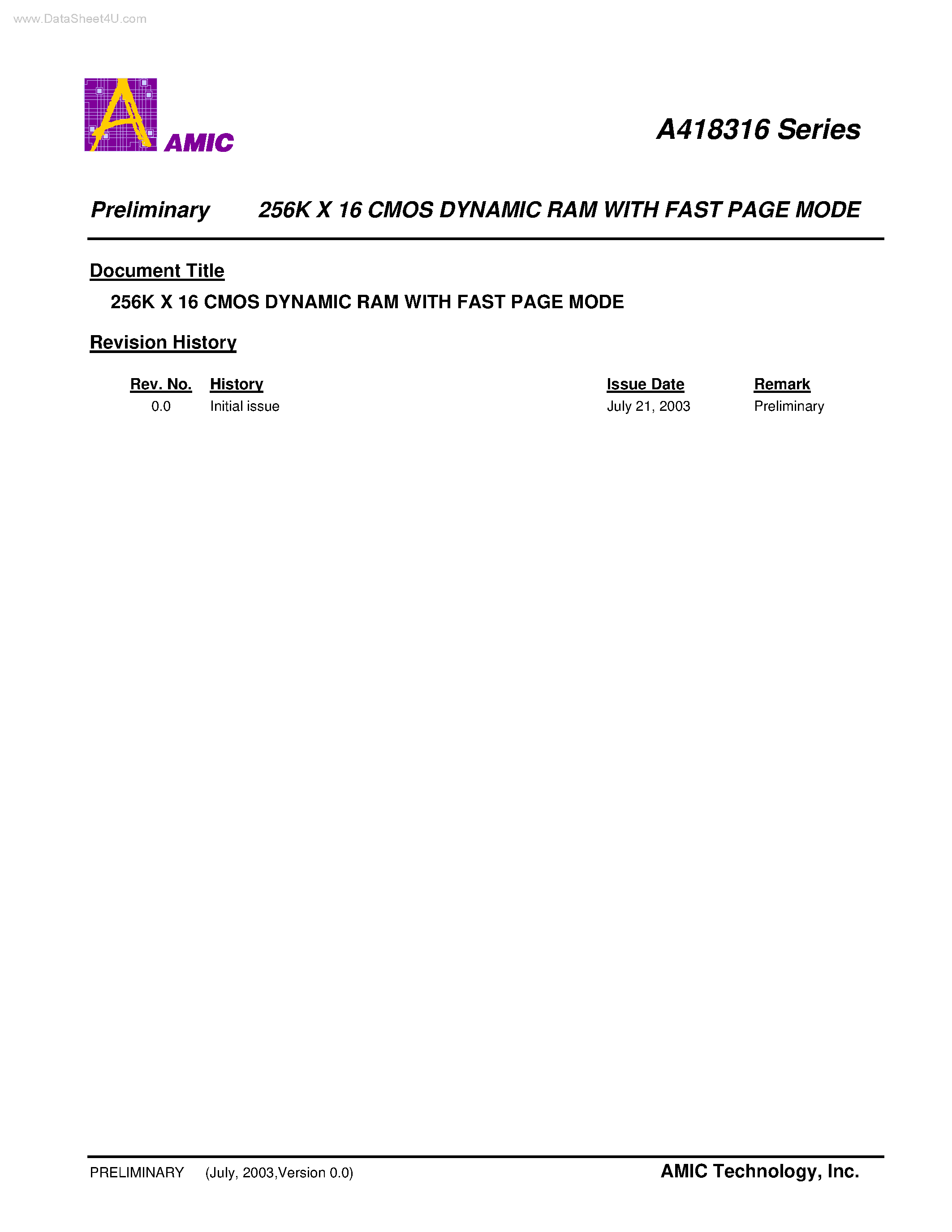 Datasheet A418316 - 256K X 16 CMOS DYNAMIC RAM page 1
