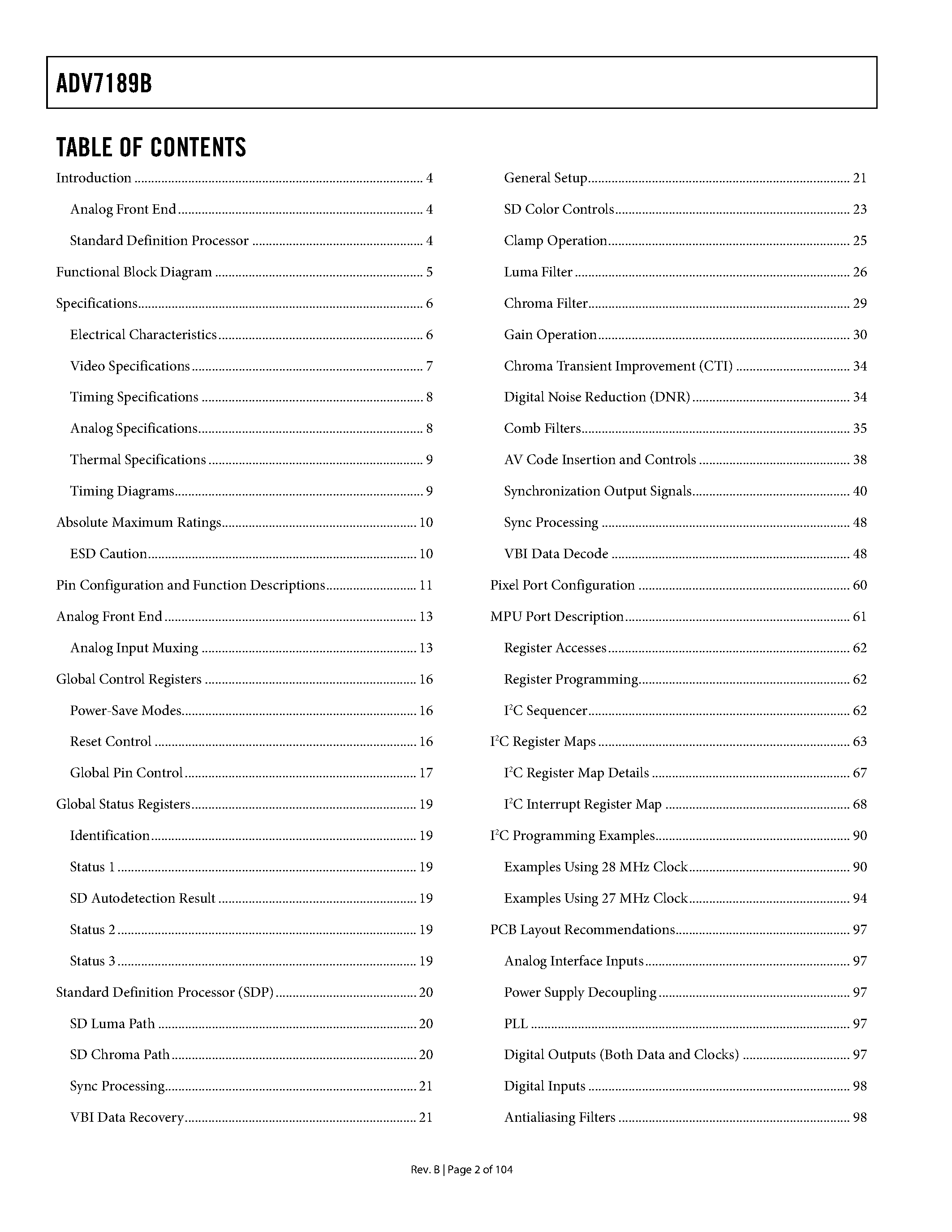 Даташит ADV7189B - Multiformat SDTV Video Decoder страница 2