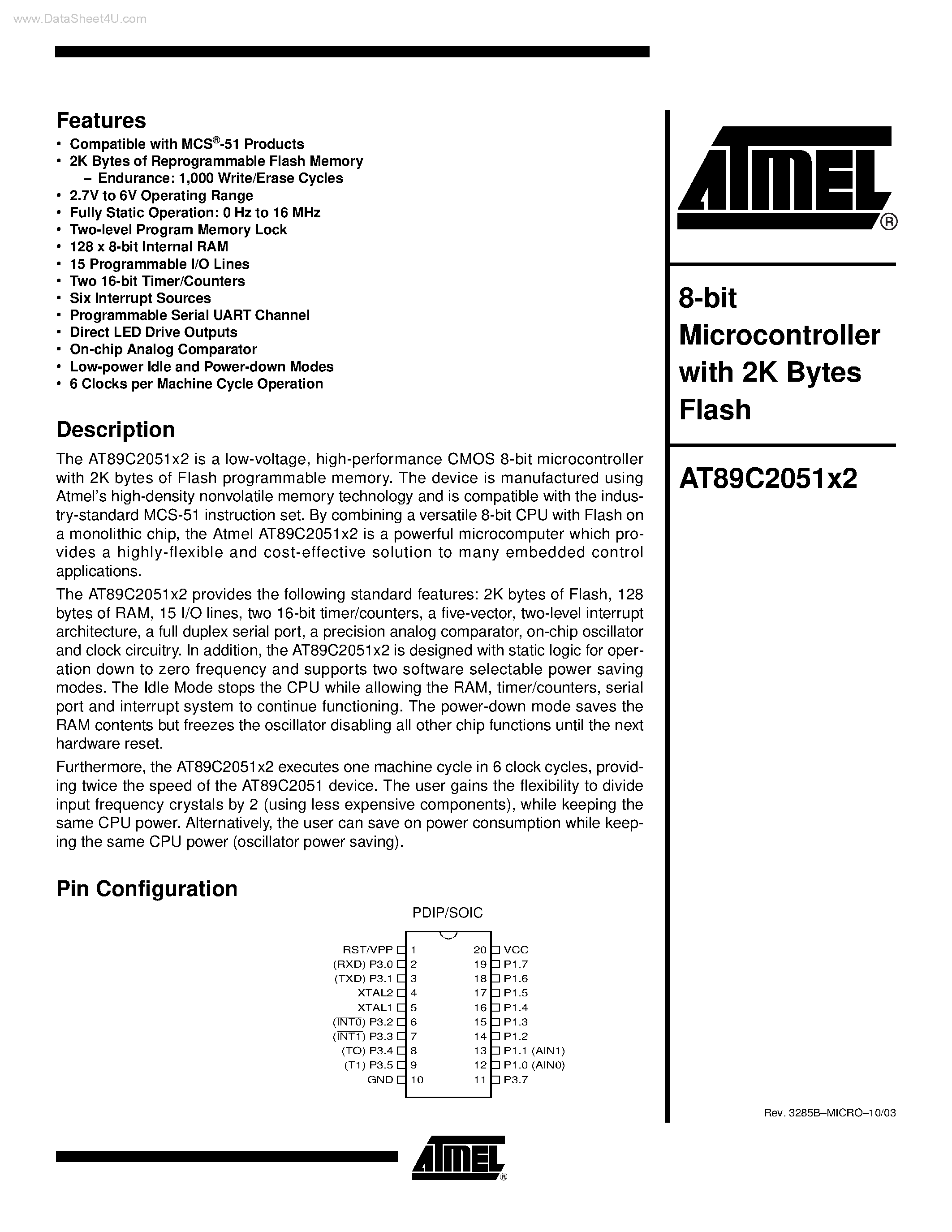 Даташит AT89C2051X2 - 8-bit Microcontroller страница 1