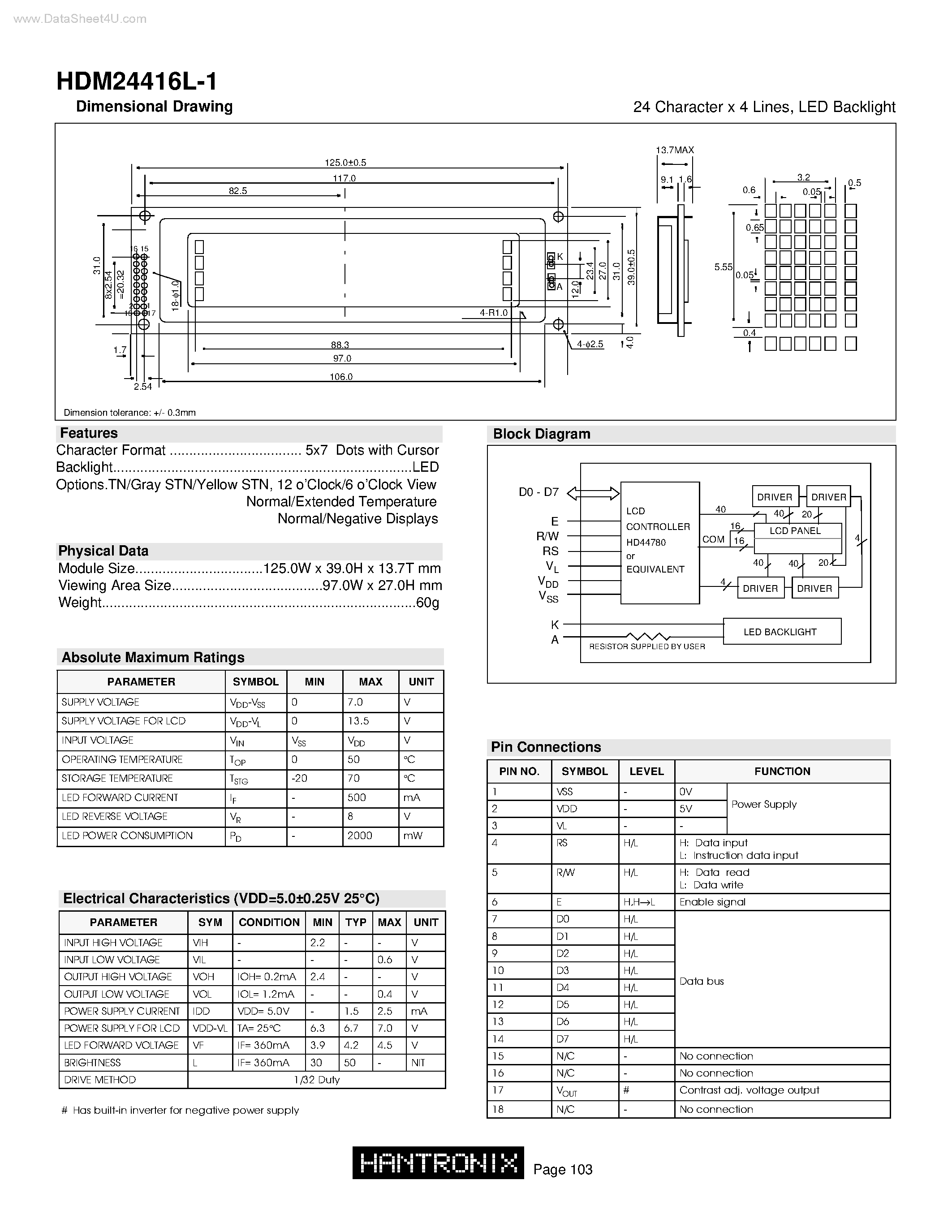 Даташит HDM24416L-1 - 24 Character x 4 Lines страница 1