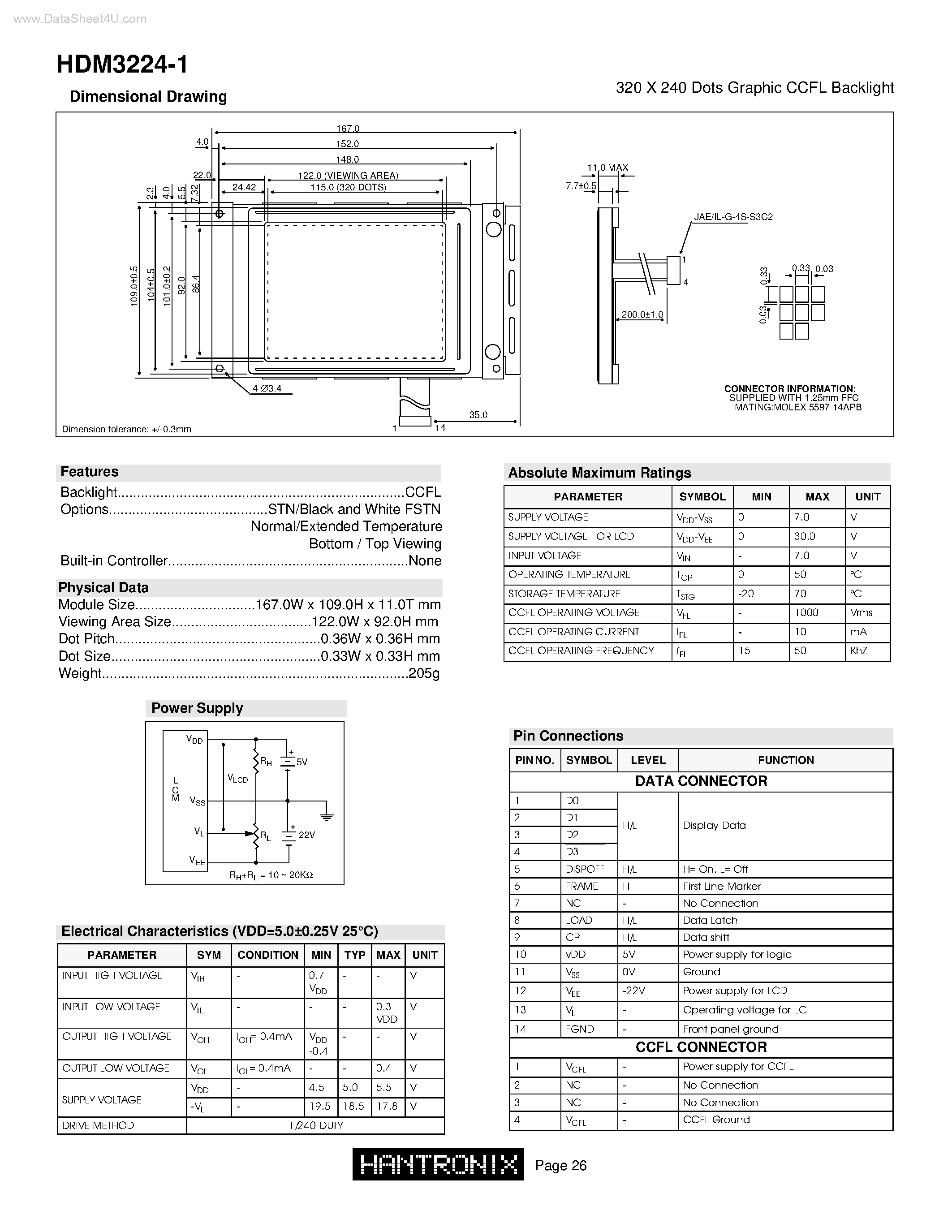 Даташит на микросхему HDM3224-1 страница 1 Даташит HDM3224-1 - 320 X 240 Dots Graphic CCFL Backlight страница 1
