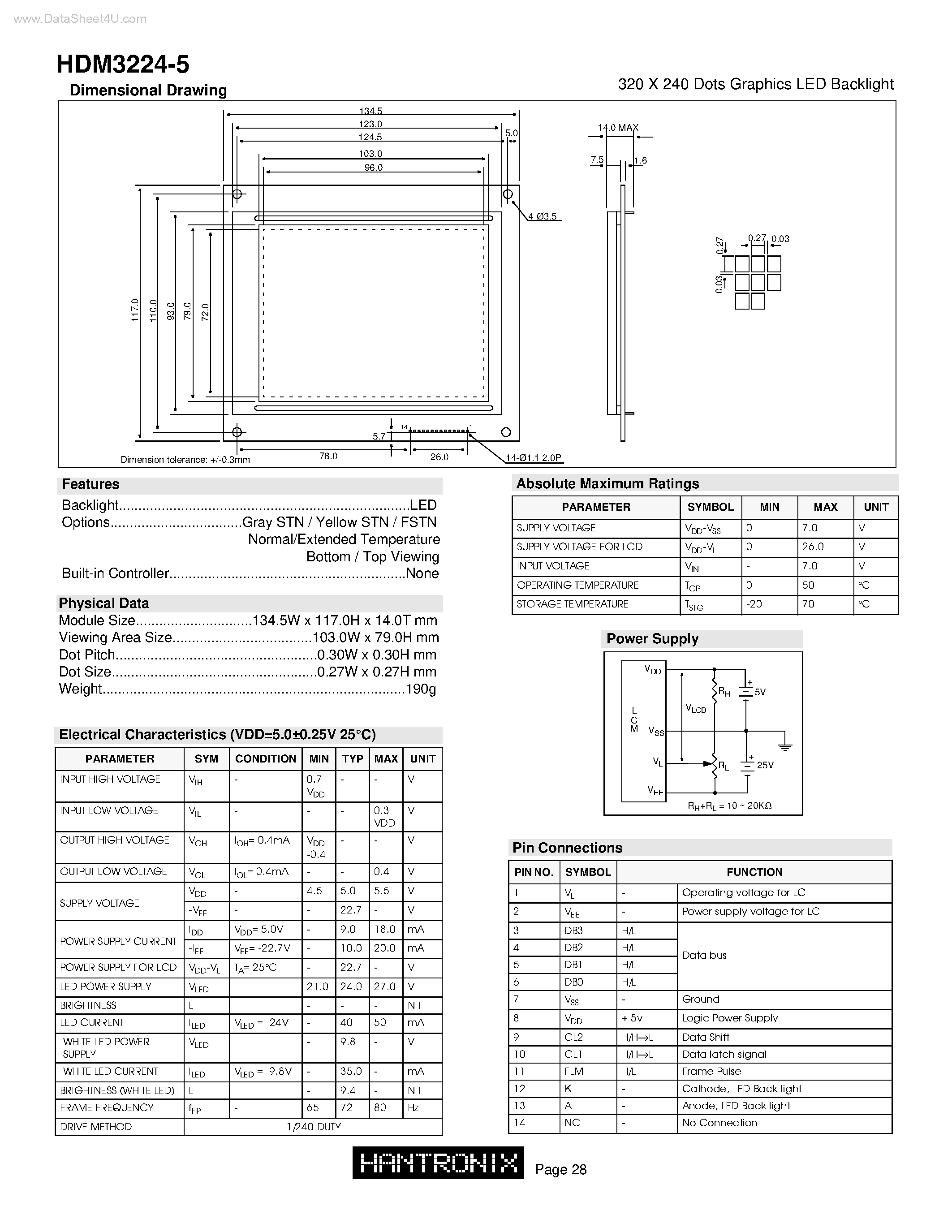 Datasheet HDM3224-5 - 320 X 240 Dots Graphics LED Backlight page 1
