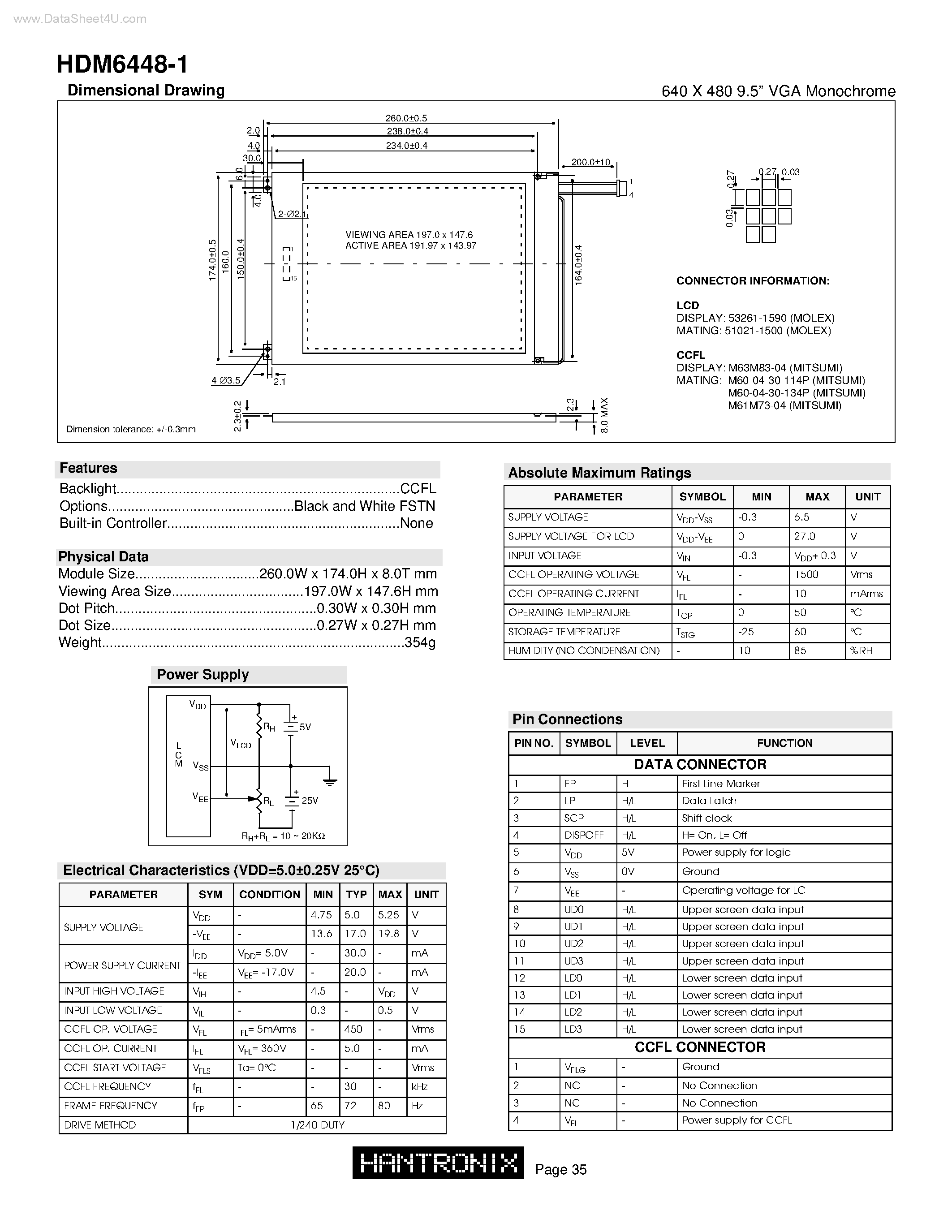 Даташит HDM6448-1 - 640 X 480 9.5 VGA Monochrome страница 1