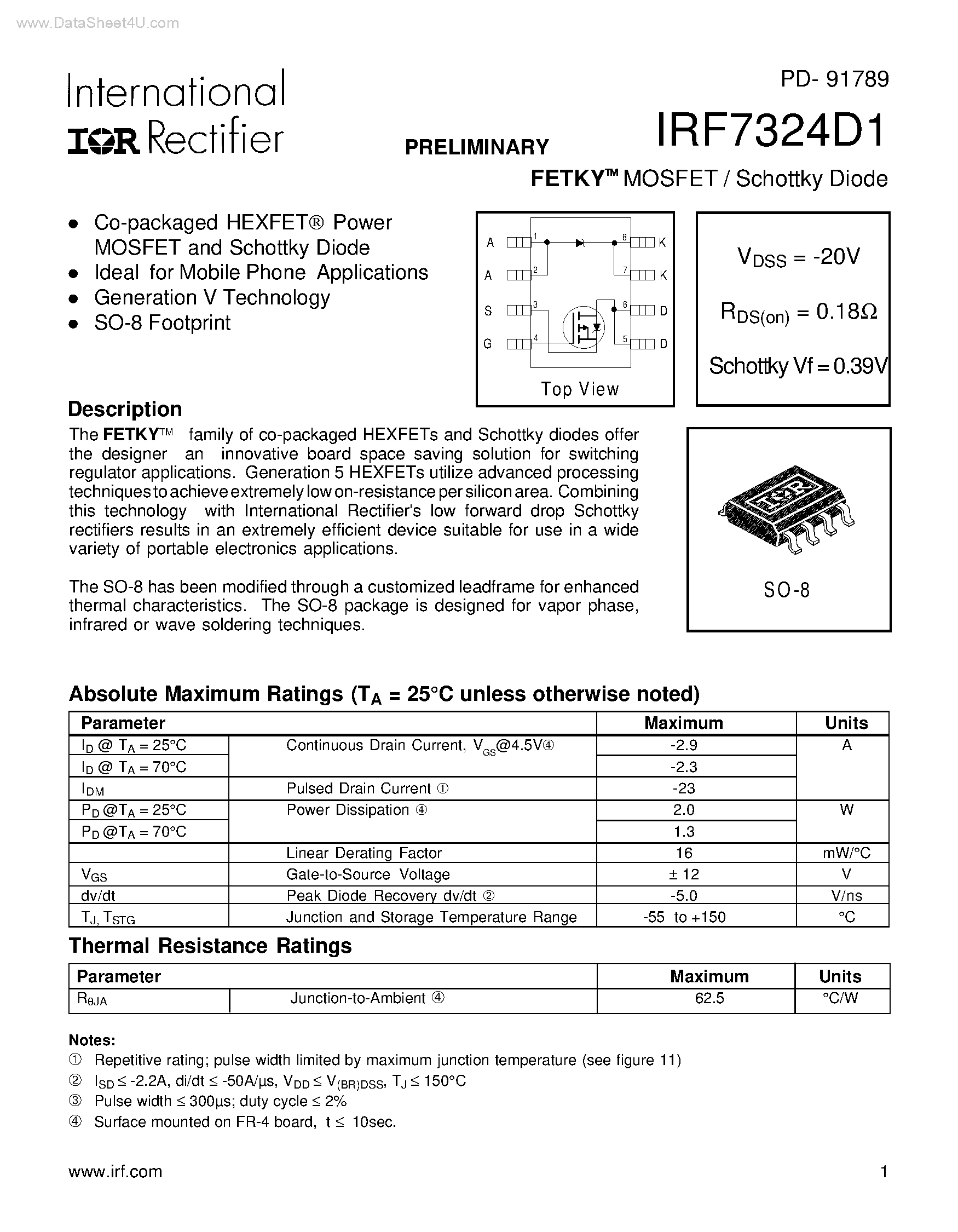 Datasheet IRF7324D1 page 1 Datasheet IRF7324D1 - FETKY MOSFET / Schottky Diode page 1