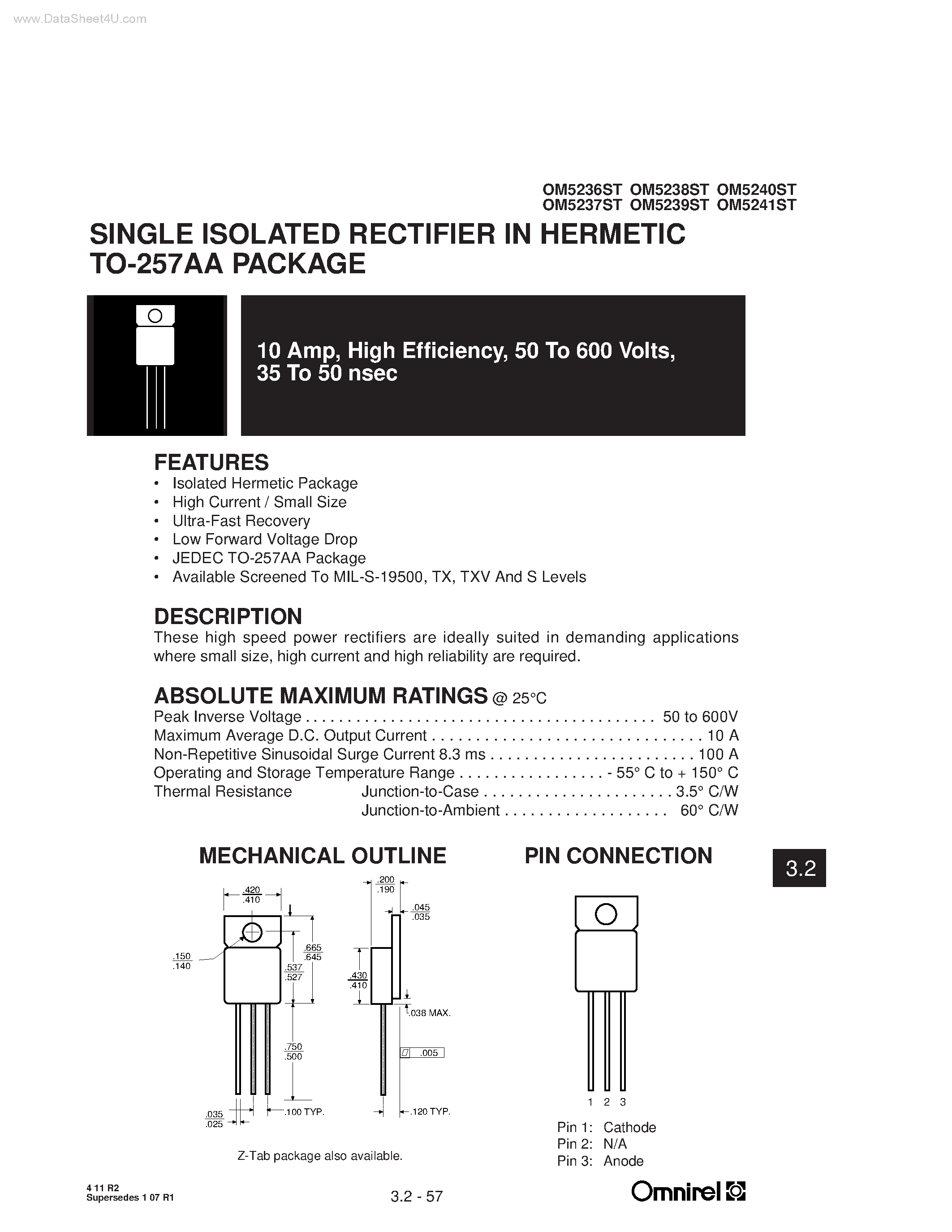 Даташит OM5236ST - (OM5236ST - OM5241ST) SINGLE ISOLATED RECTIFIER IN HERMETIC страница 1
