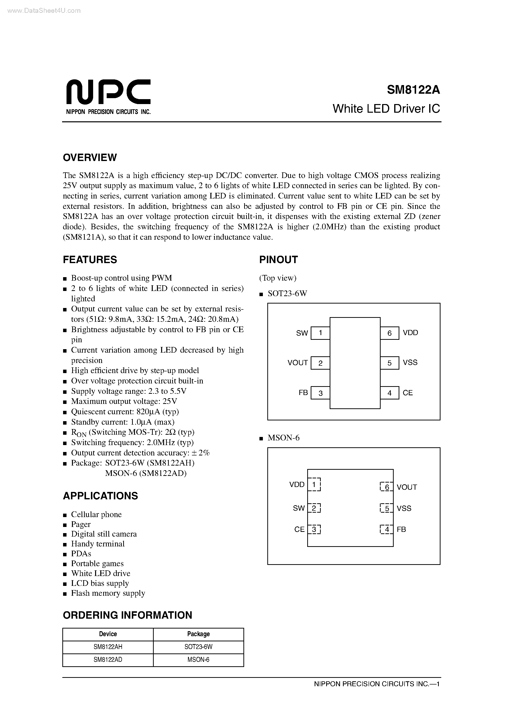 Datasheet SM8122A - White LED Driver IC page 1