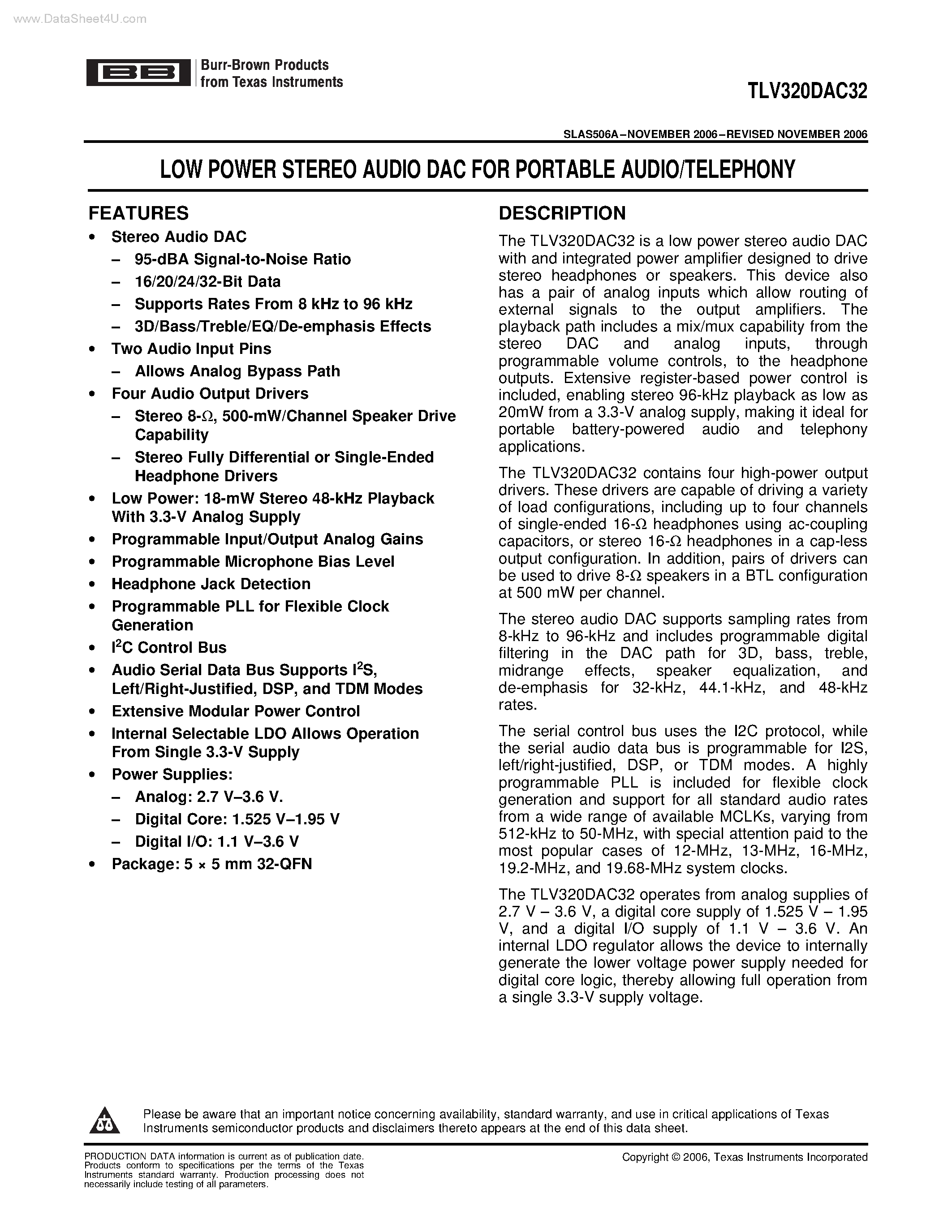 Datasheet TLV320DAC32 - LOW POWER STEREO AUDIO DAC page 1