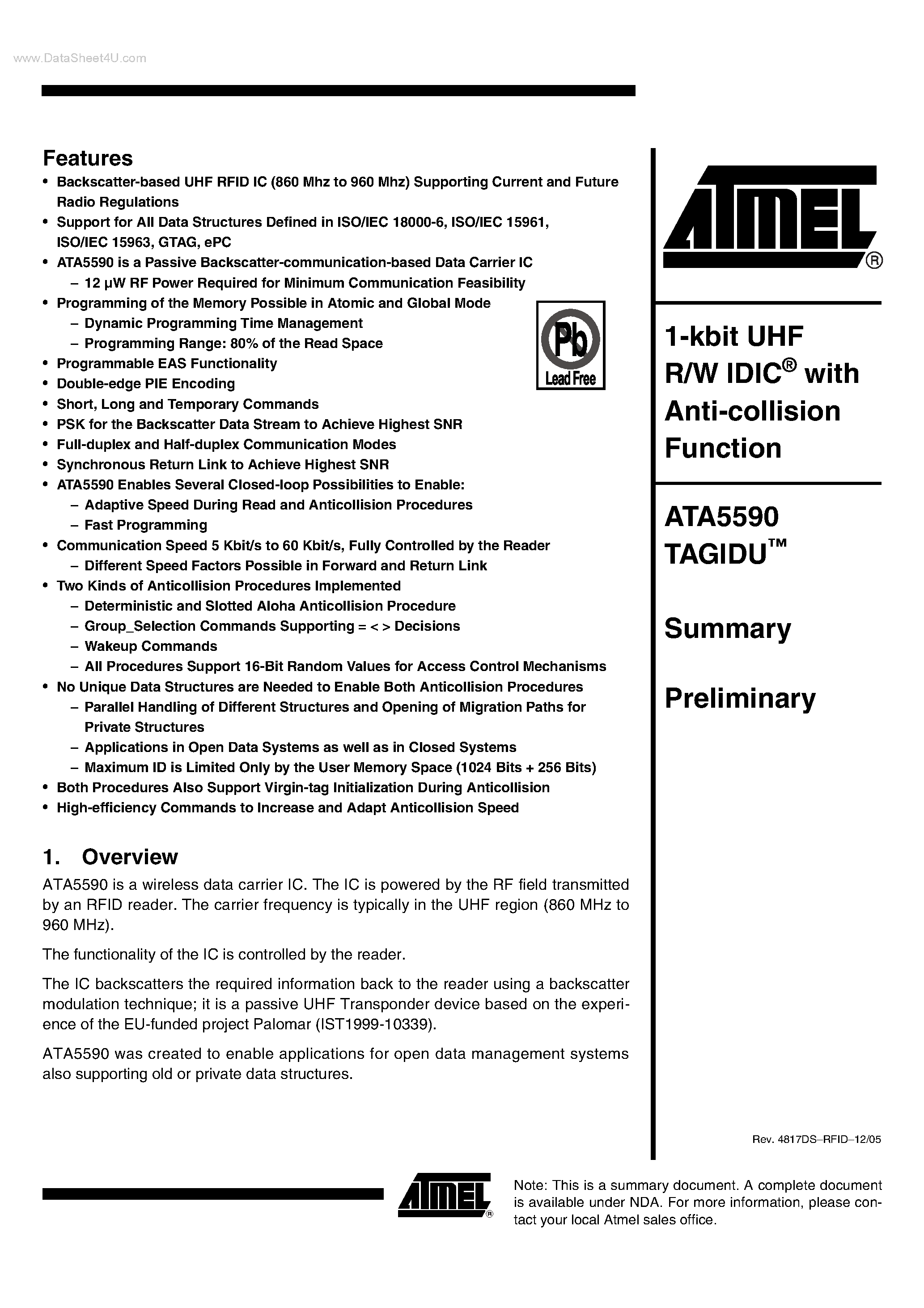 Datasheet ATA5590 - 1-kbit UHF R/W IDIC page 1