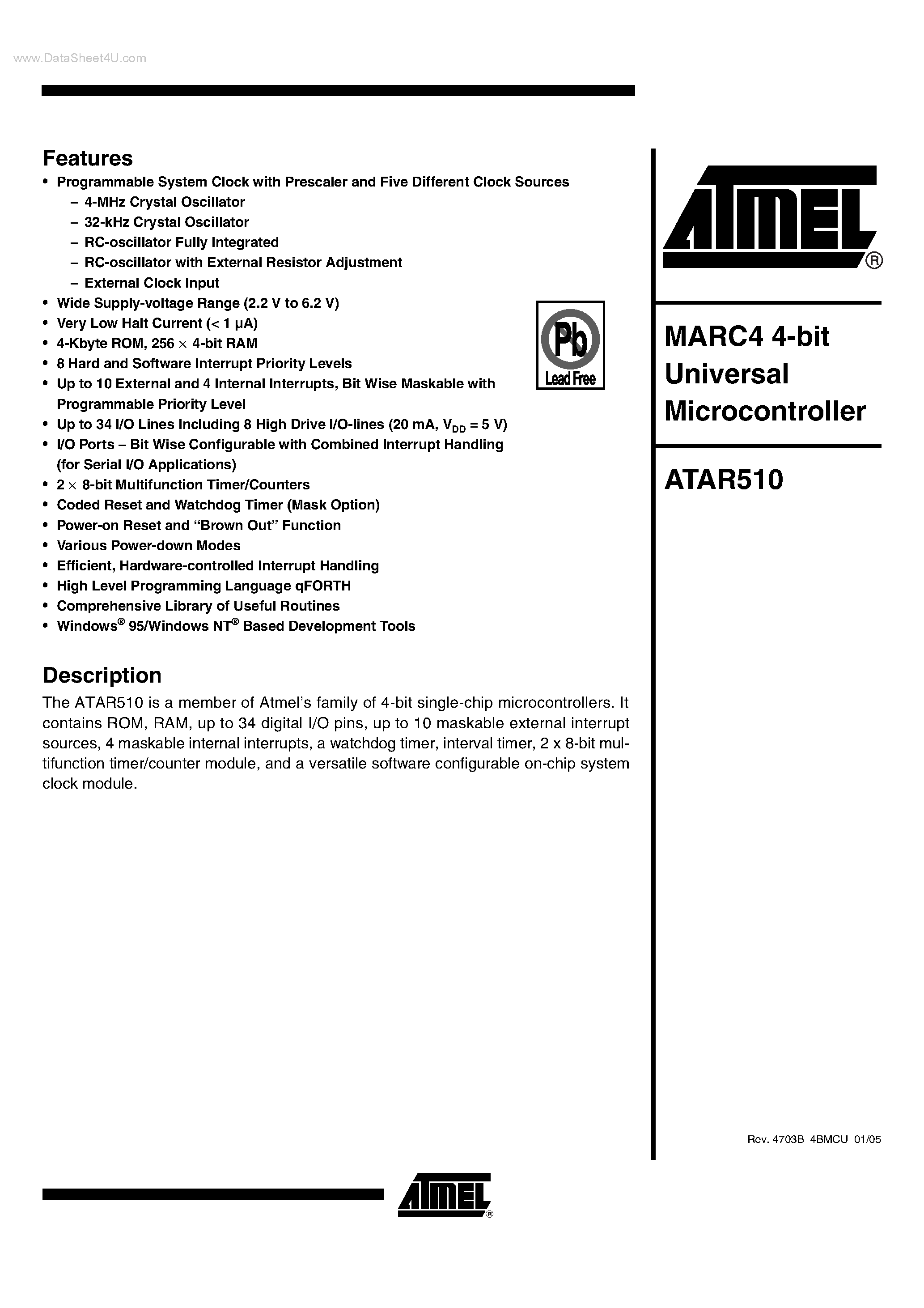 Datasheet ATAR510 - MARC 4 4-BIT UNIVERSAL MICROCONTROLLER page 1