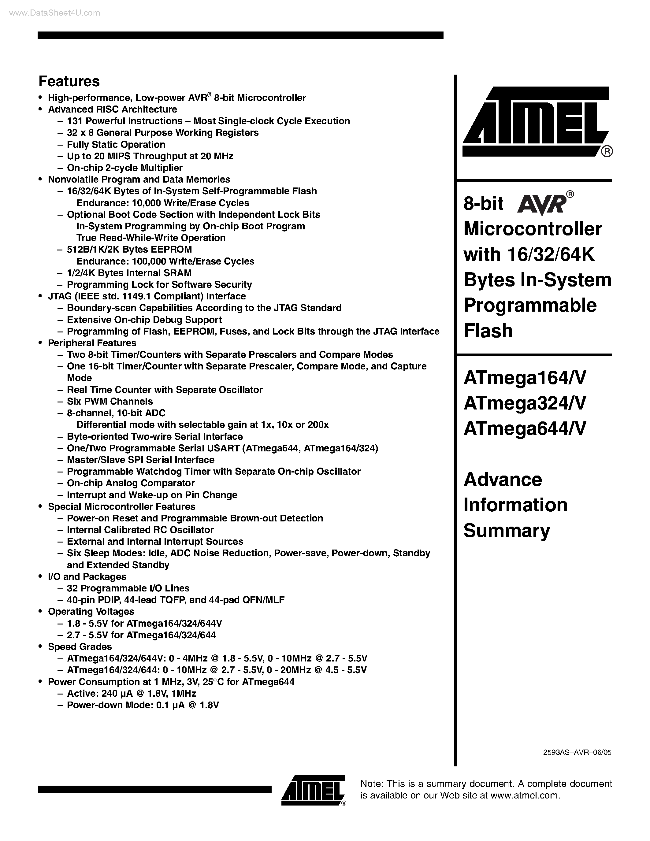 Даташит на микросхему ATMEGA164 страница 1 Даташит ATMEGA164 - (ATMEGAxx4) 8-bit Microcontroller страница 1