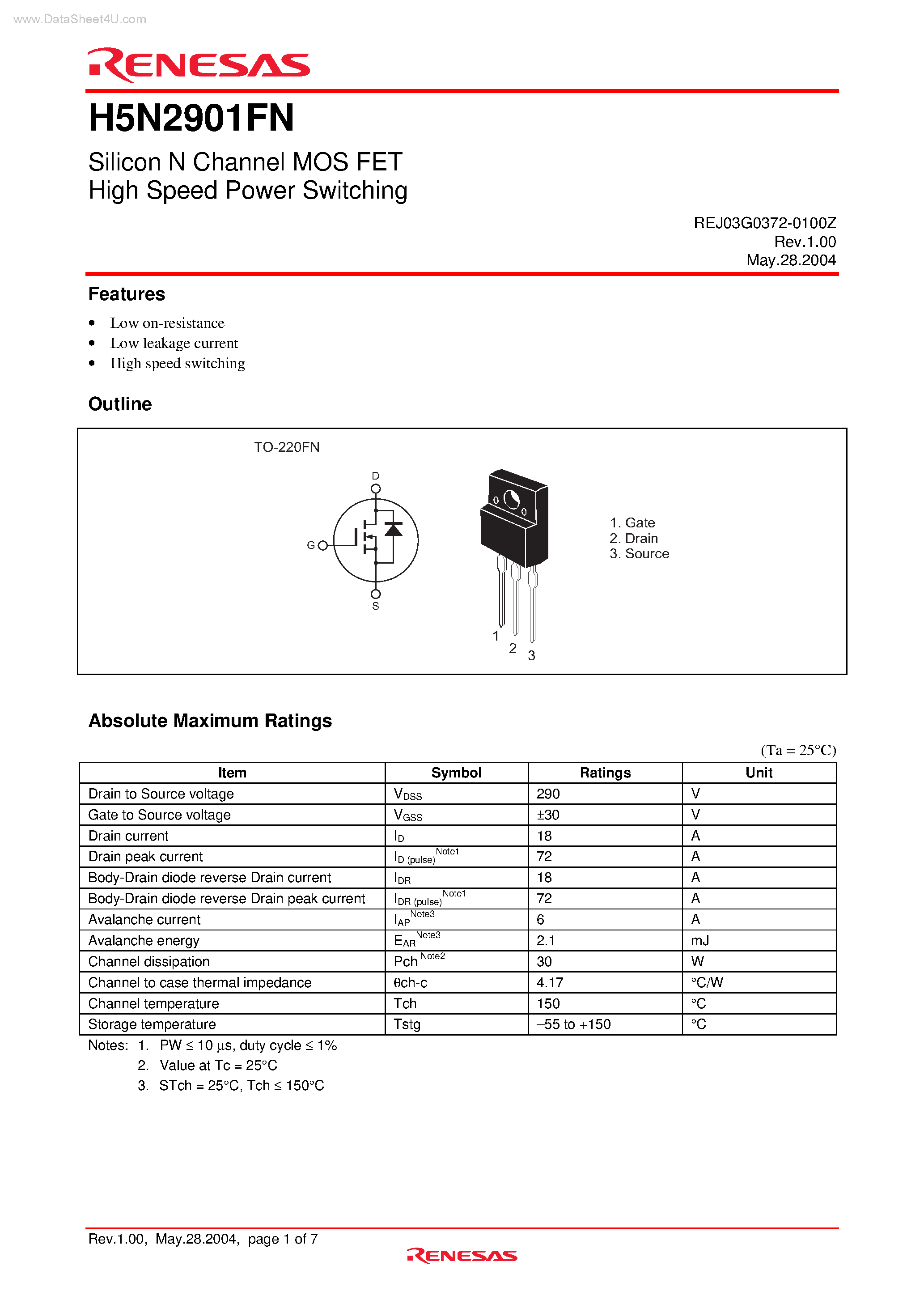 Datasheet H5N2901FN - Silicon N Channel MOS FET High Speed Power Switching page 1