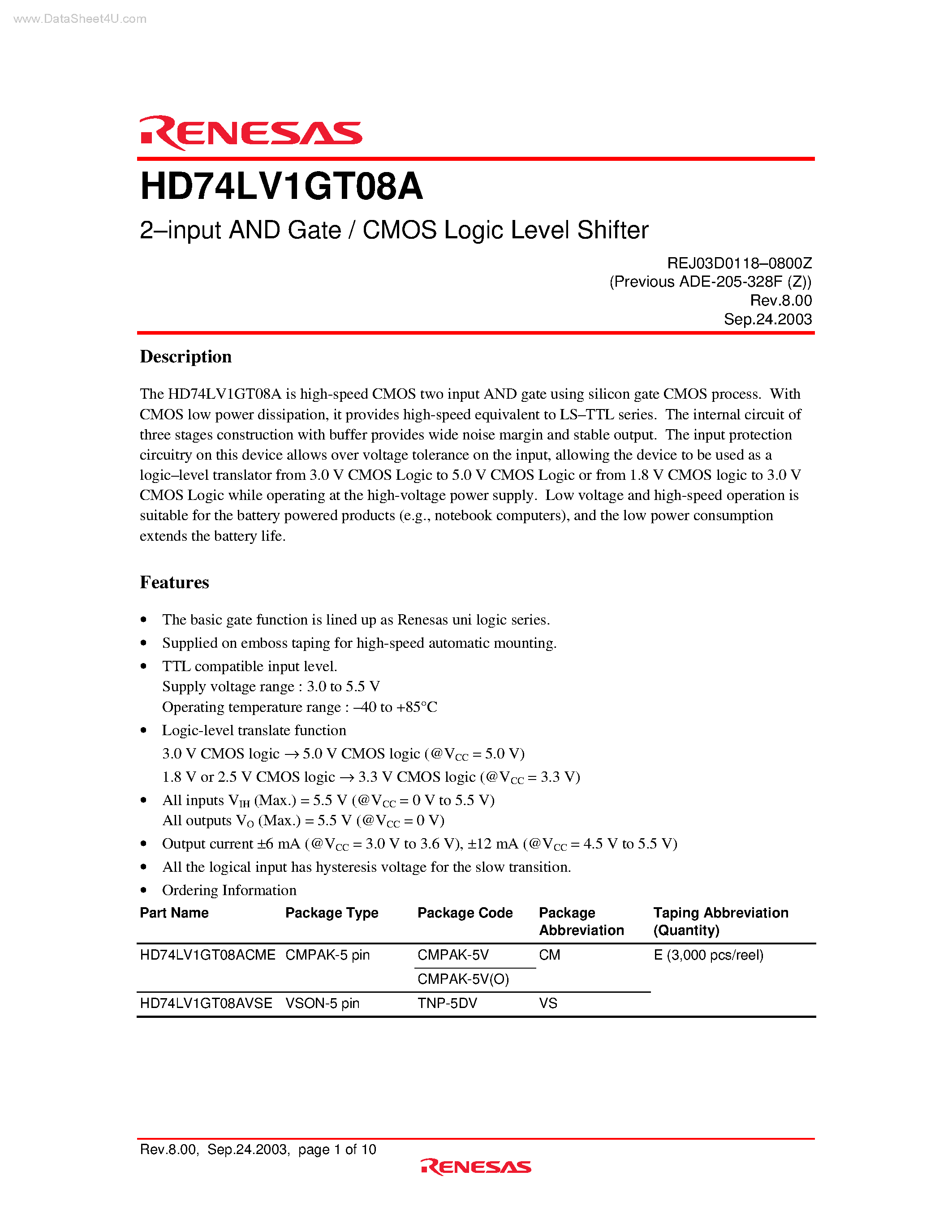 Даташит HD74LV1GT08A - 2-input AND Gate / CMOS Logic Level Shifter страница 1