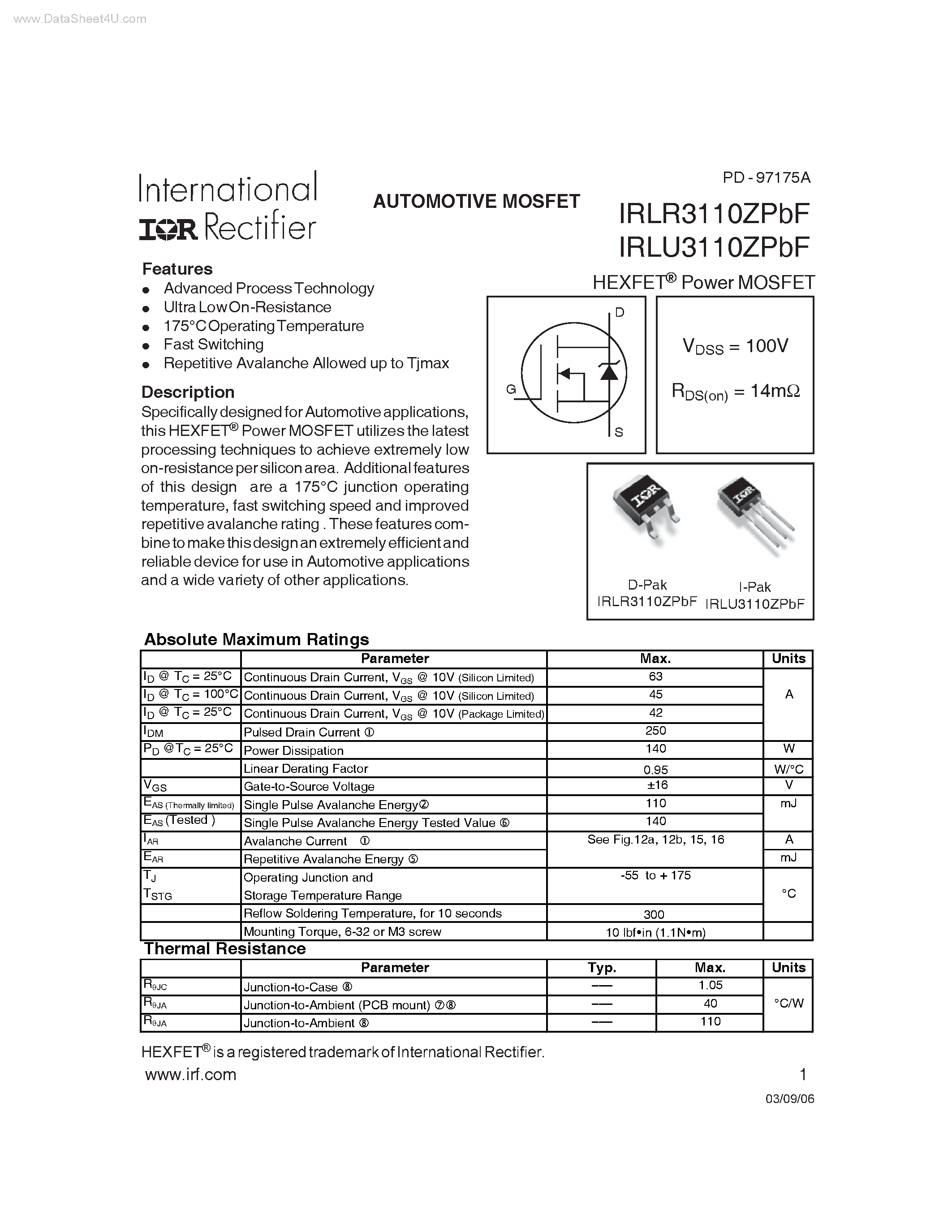 Даташит IRLR3110ZPBF - AUTOMOTIVE MOSFET страница 1
