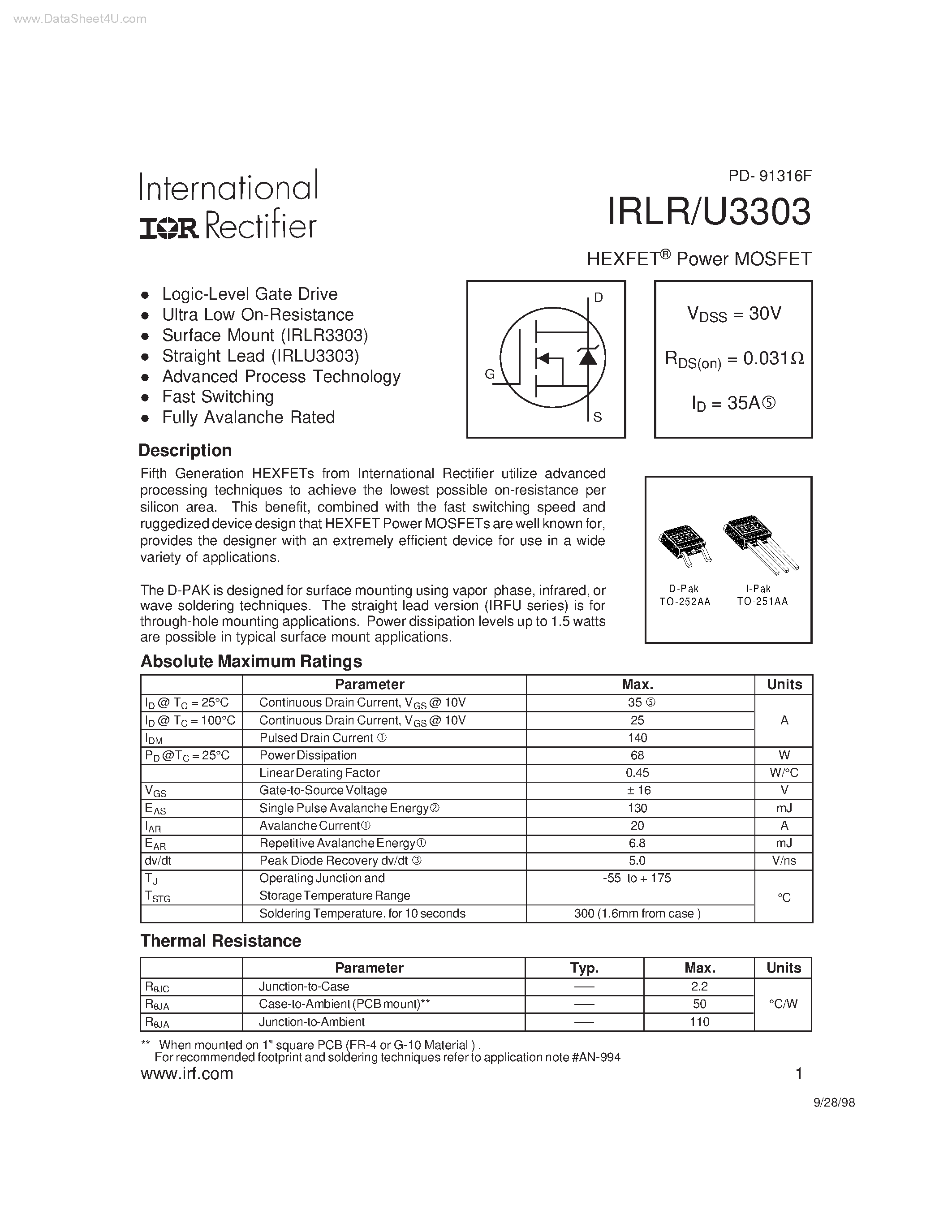 Даташит IRLR3303 - Power MOSFET страница 1