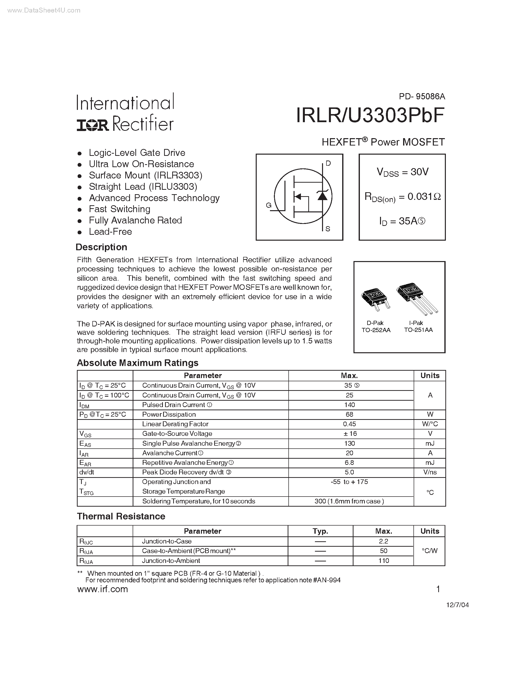 Даташит IRLR3303PBF - HEXFET Power MOSFET страница 1