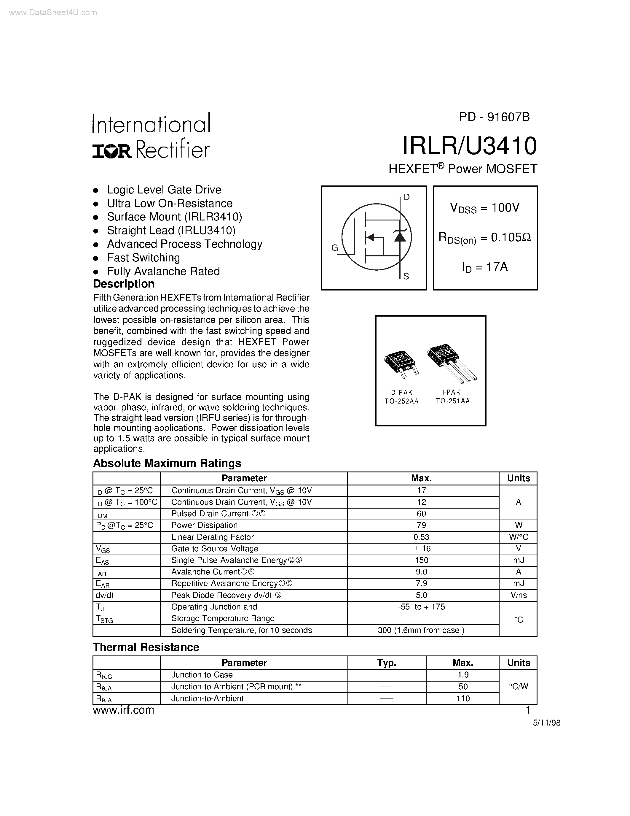 Даташит IRLR3410 - HEXFET Power MOSFET страница 1