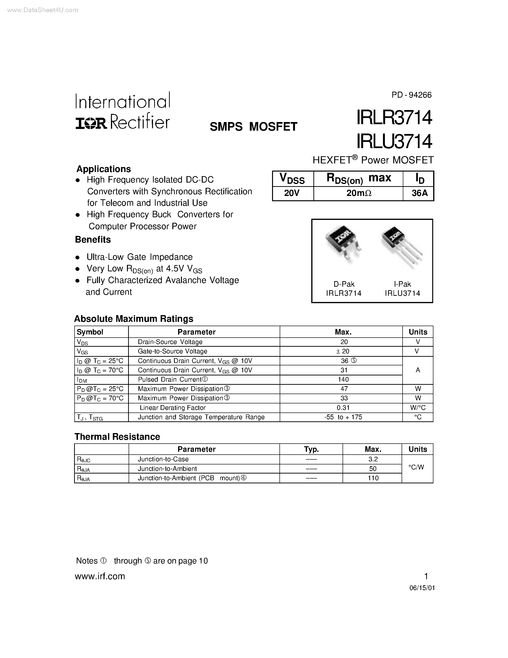 Даташит IRLU3714 - SMPS MOSFET страница 1