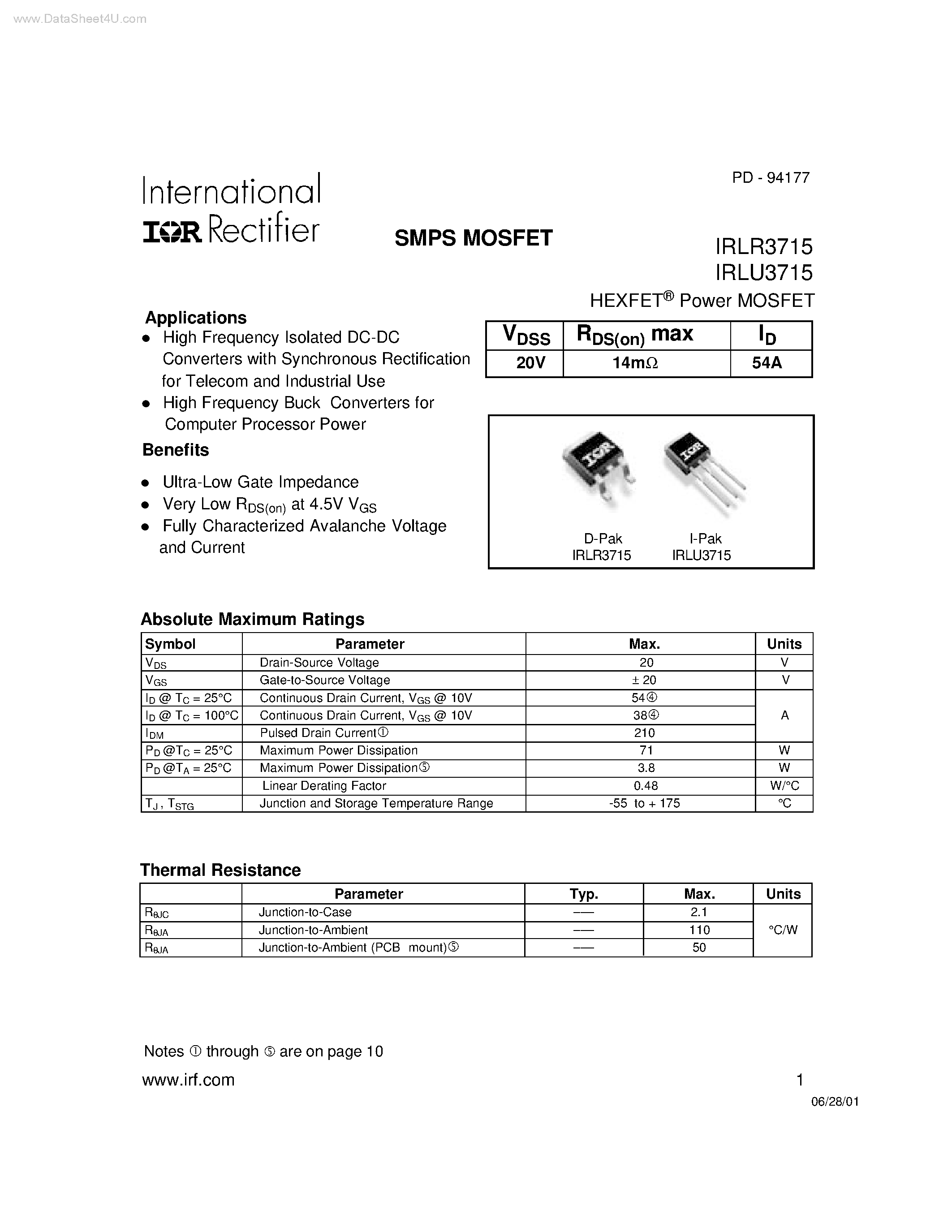 Даташит IRLR3715 - SMPS MOSFET страница 1