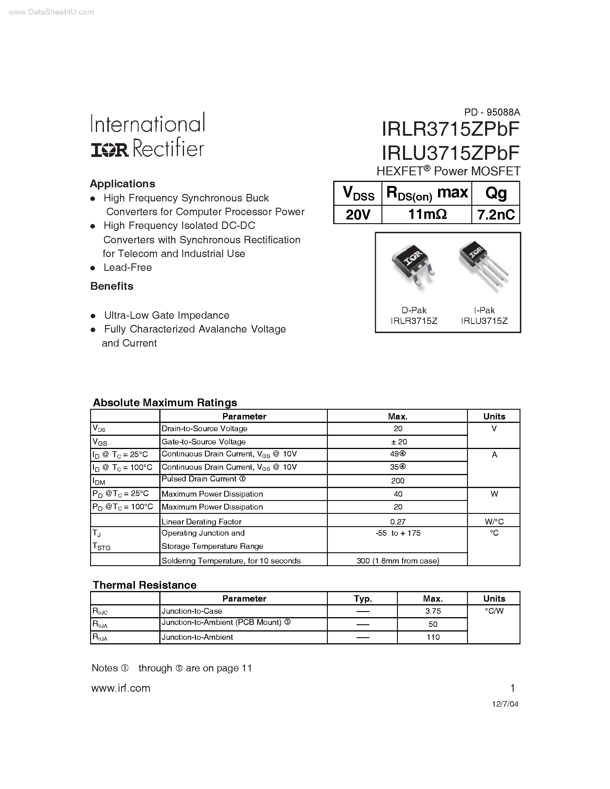 Даташит IRLR3715ZPBF - HEXFET Power MOSFET страница 1