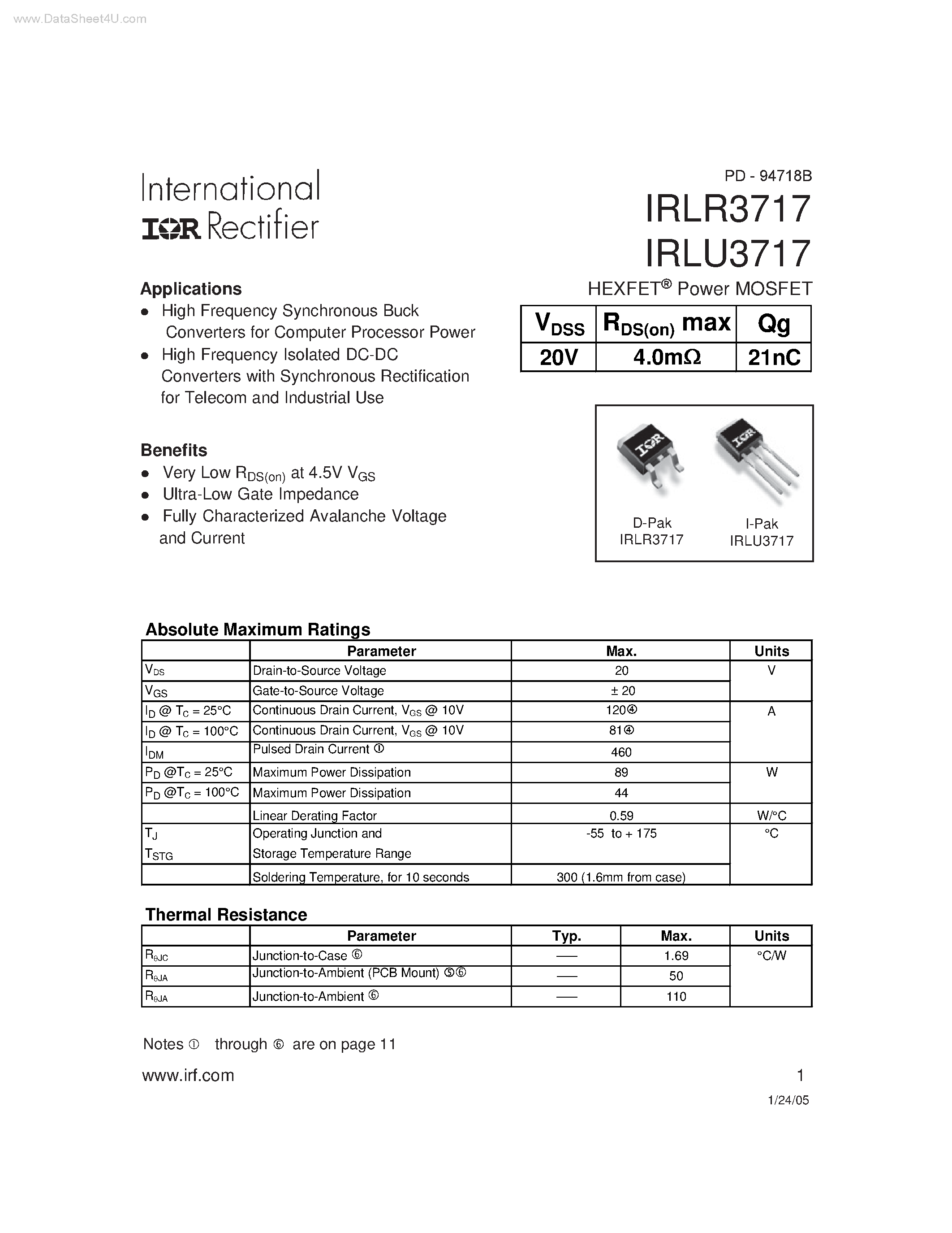 Даташит IRLR3717 - HEXFET Power MOSFET страница 1