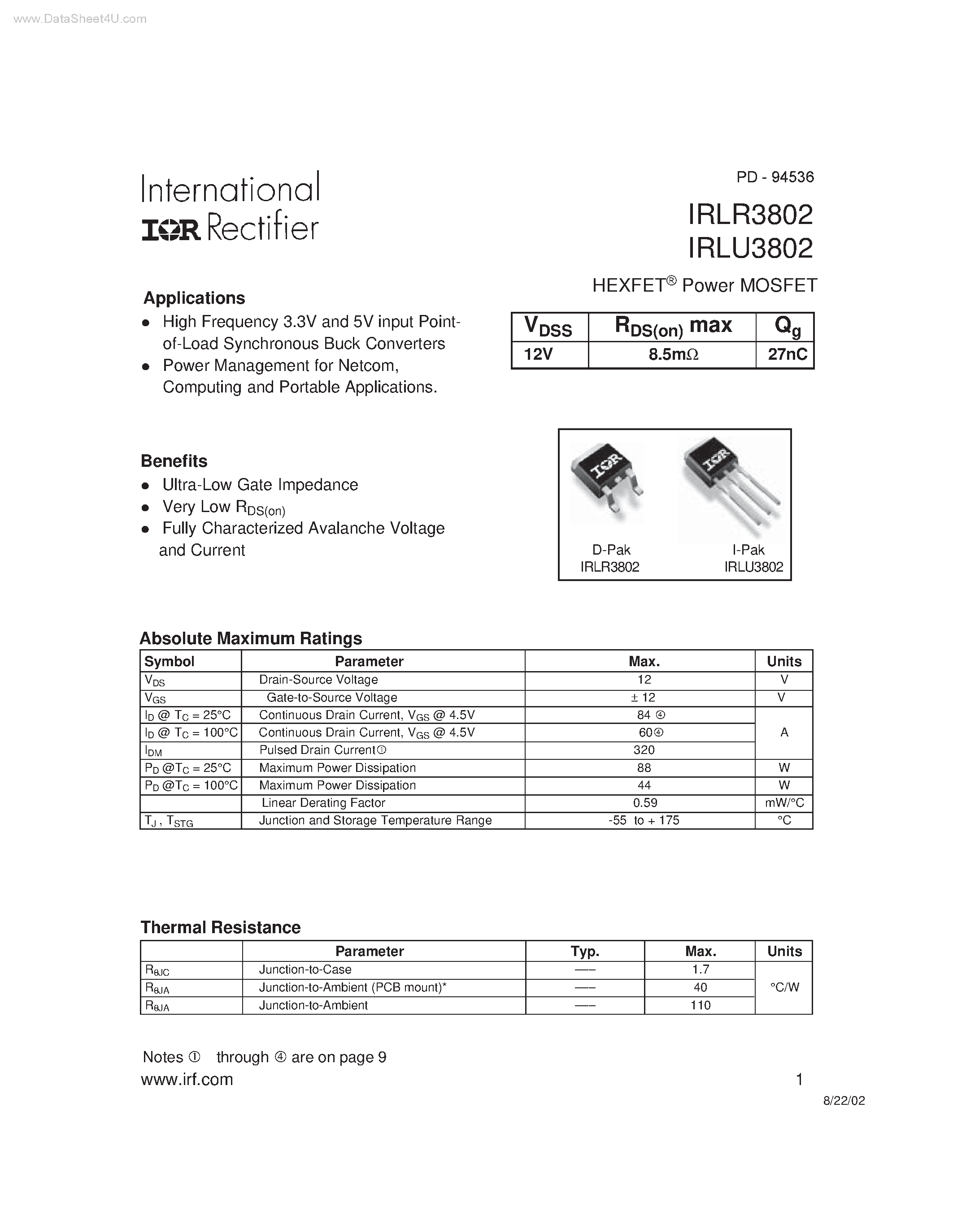 Даташит IRLR3802 - HEXFET Power MOSFET страница 1