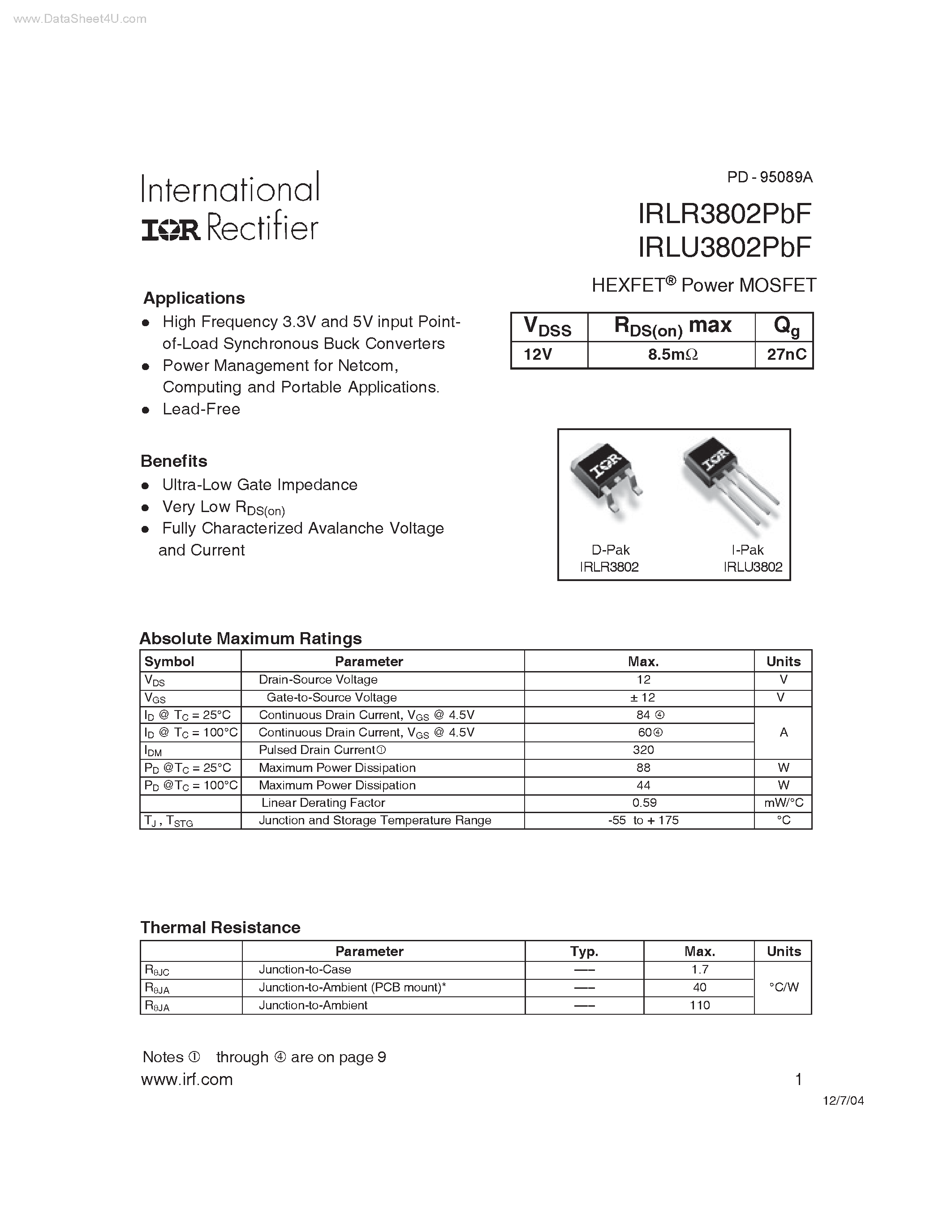 Даташит IRLR3802PBF - HEXFET Power MOSFET страница 1