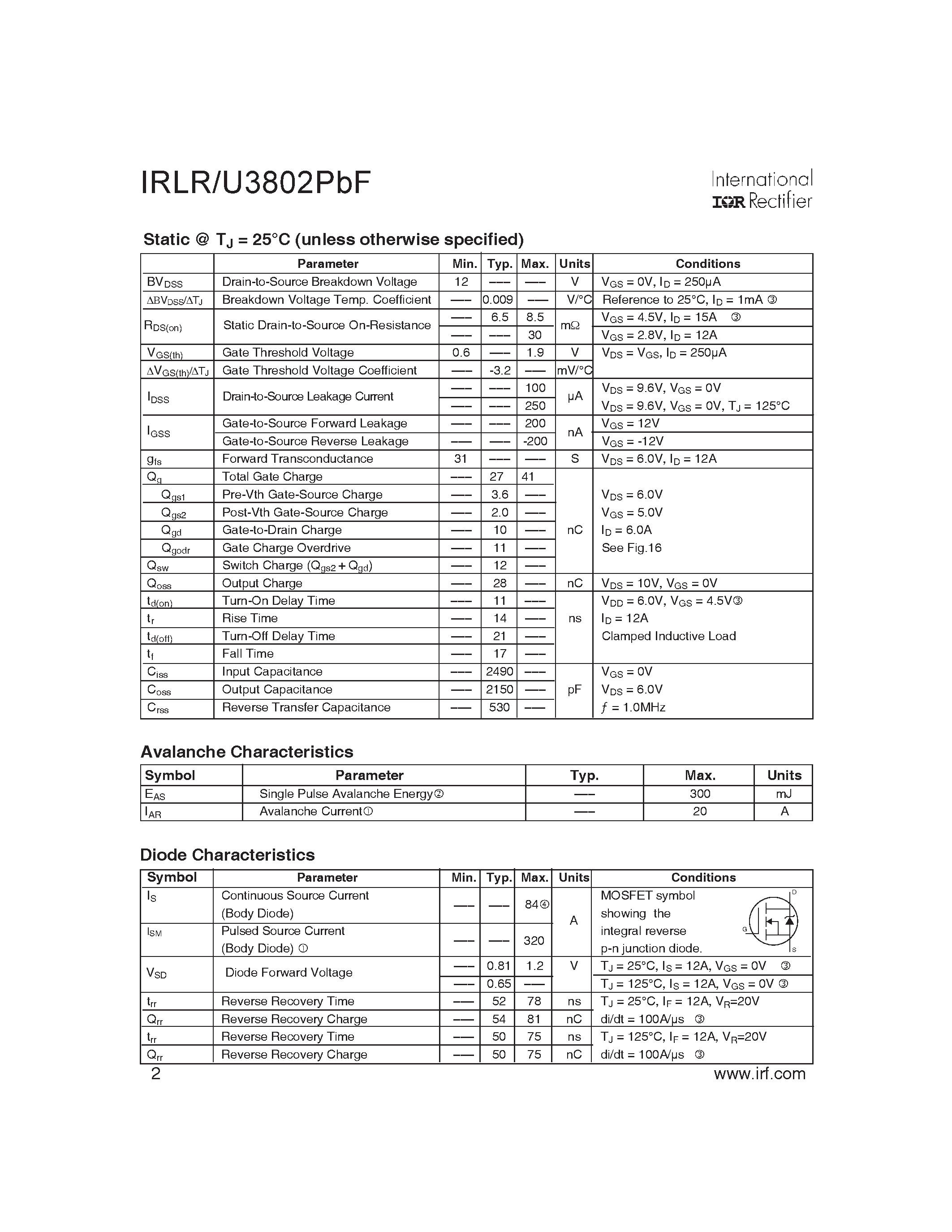 Даташит IRLR3802PBF - HEXFET Power MOSFET страница 2
