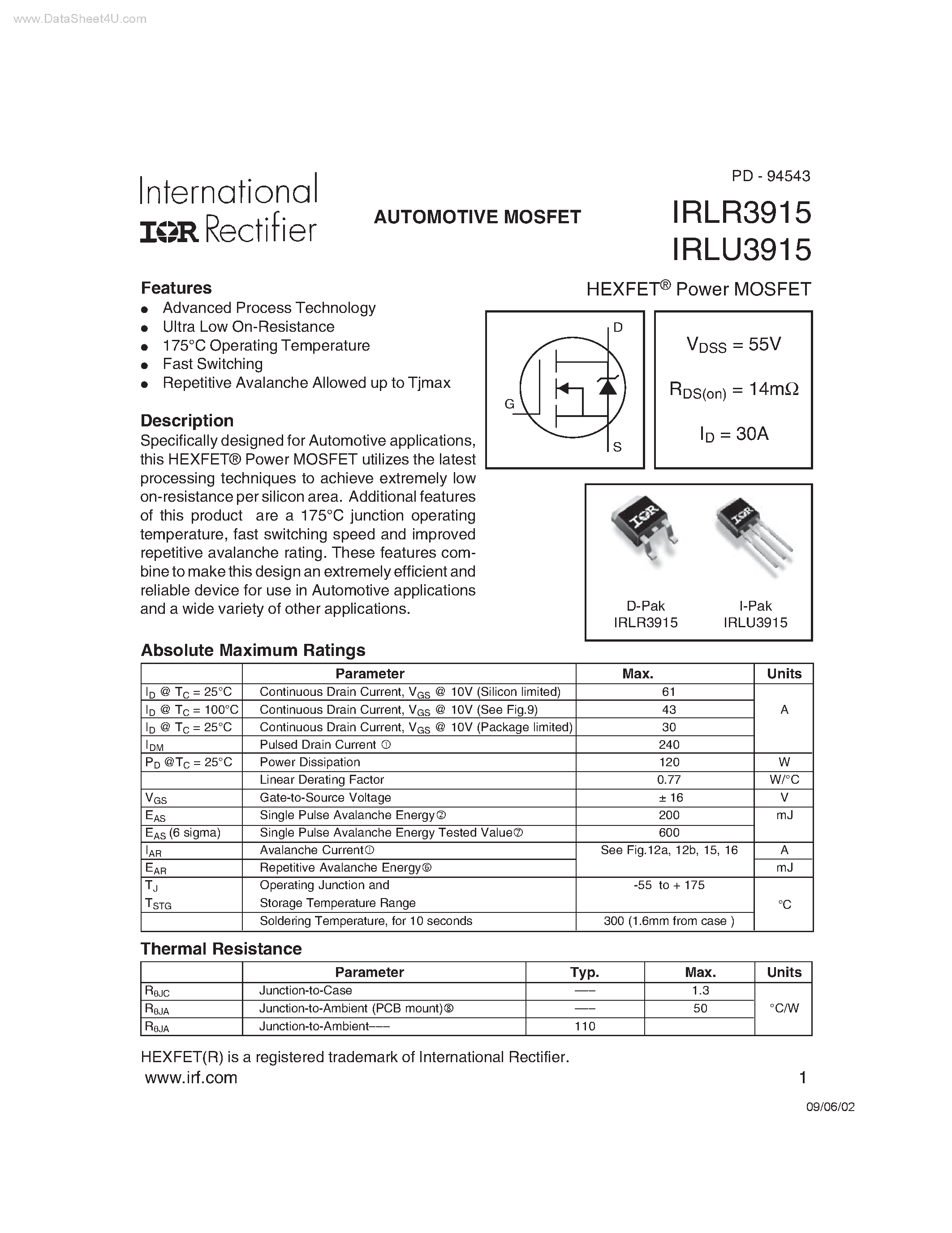 Даташит IRLR3915 - HEXFET Power MOSFET страница 1
