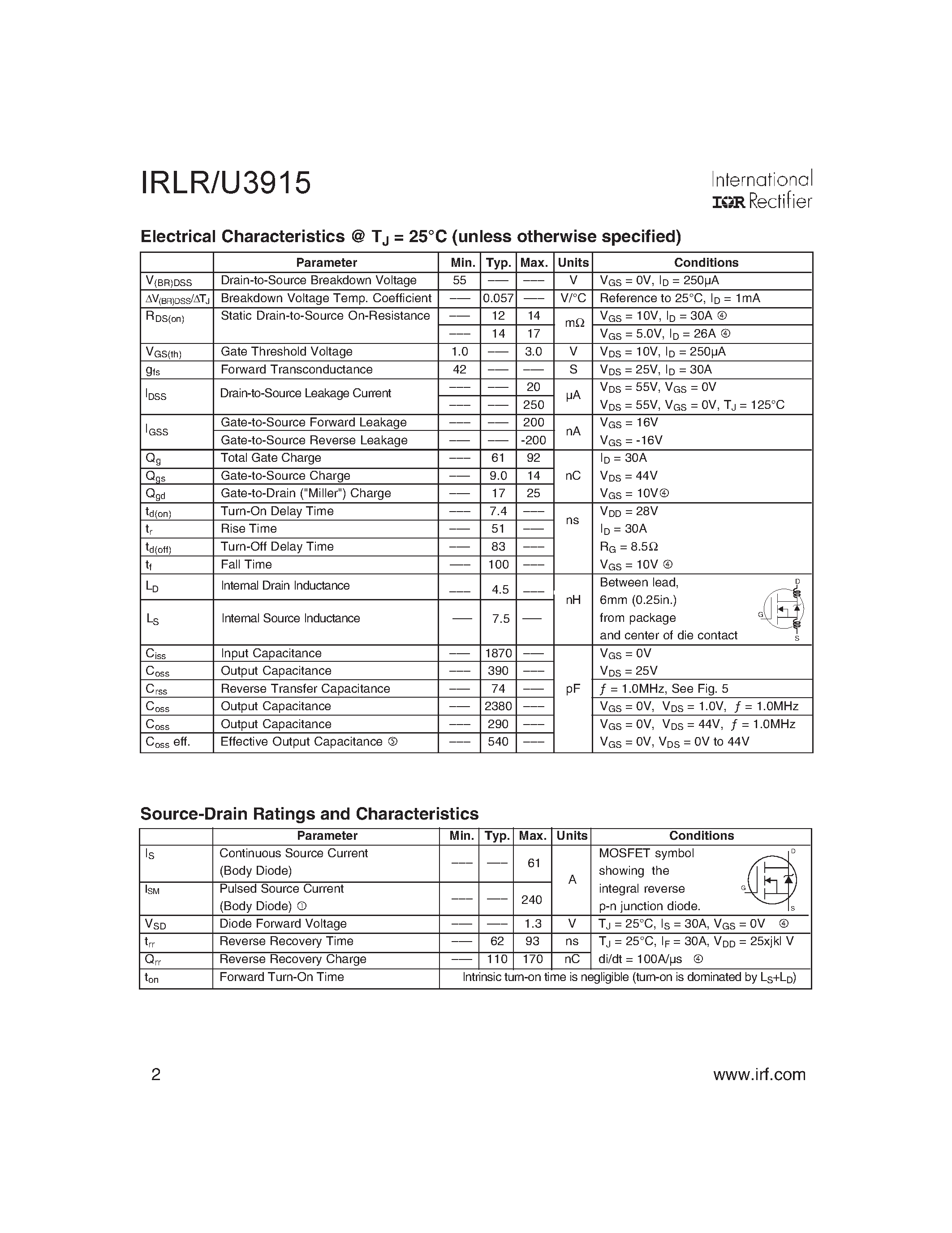 Даташит IRLR3915 - HEXFET Power MOSFET страница 2