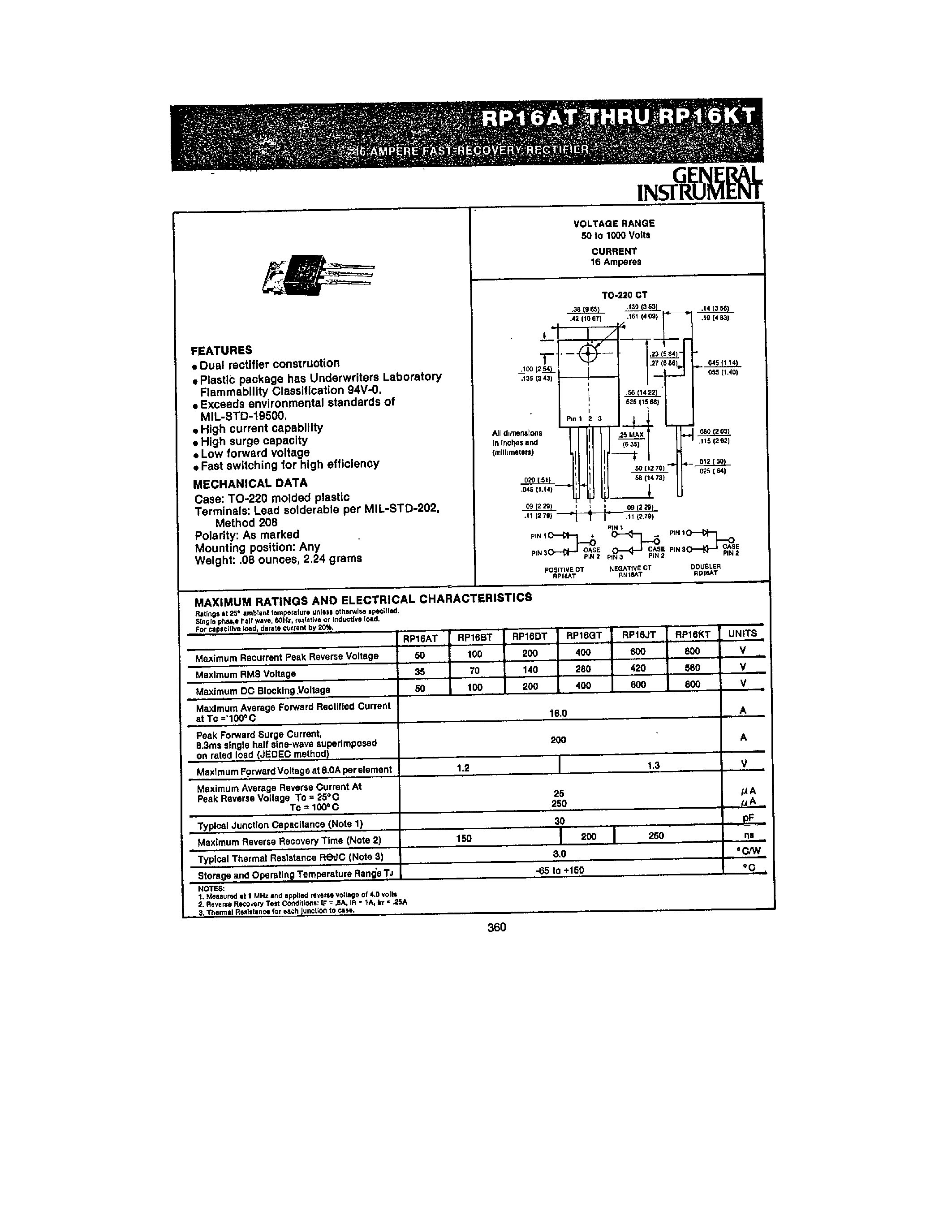 Даташит RP16AT - FAST RECOVERY RECTIFIER страница 1