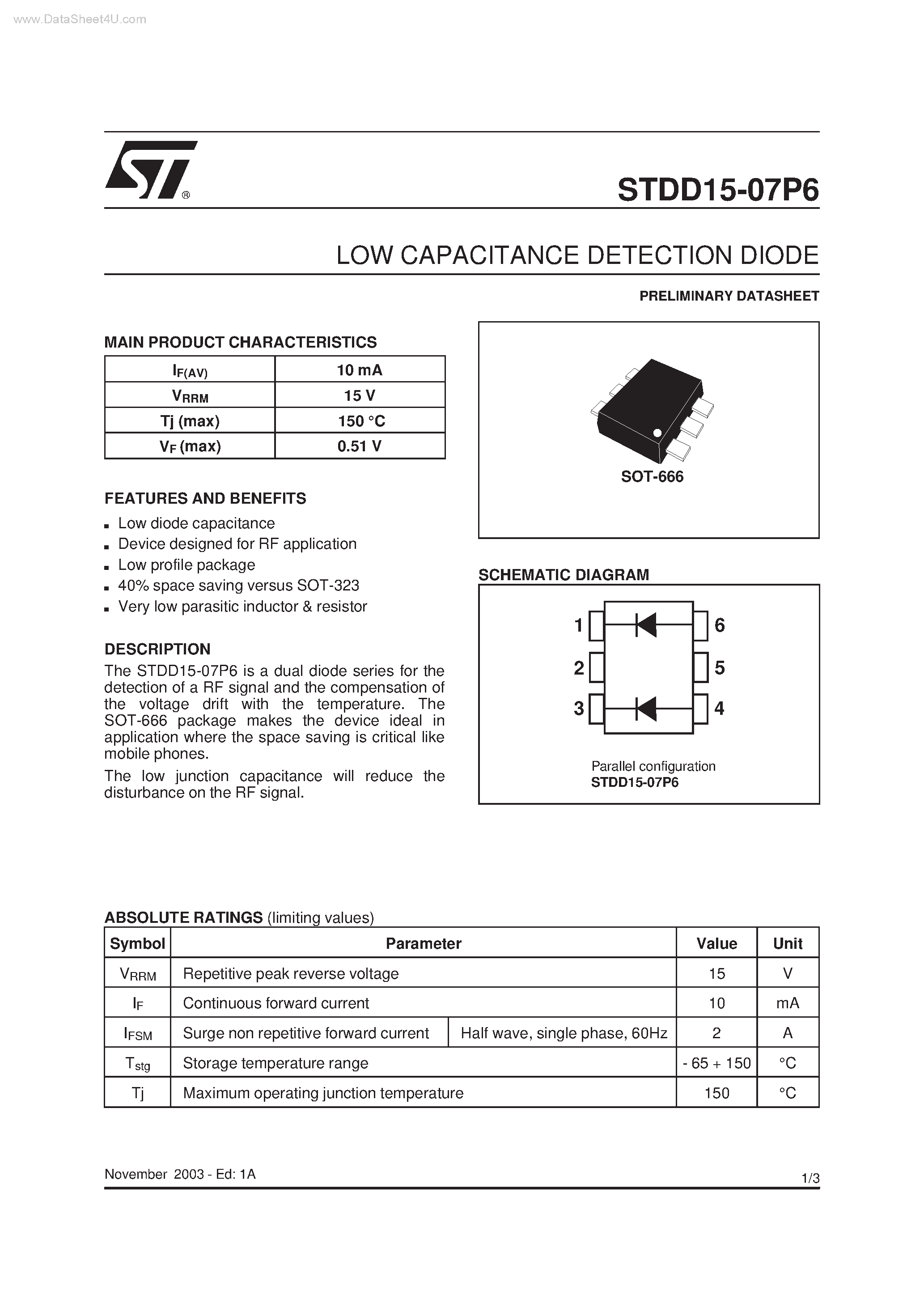Datasheet STDD15-07P6 page 1 Datasheet STDD15-07P6 - LOW CAPACITANCE DETECTION DIODE page 1