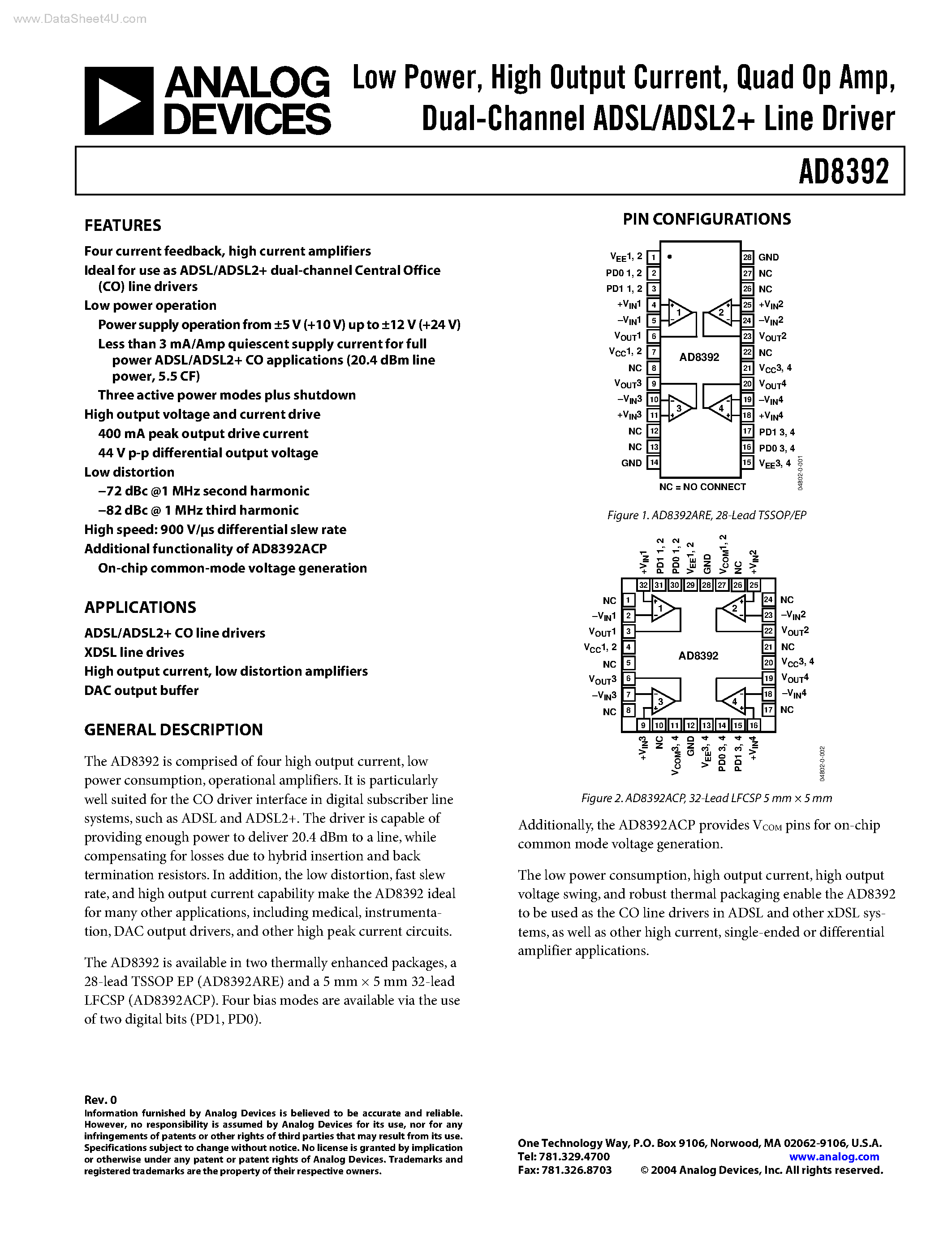 Datasheet AD8392 - Dual-Channel ADSL/ADSL2+ Line Driver page 1